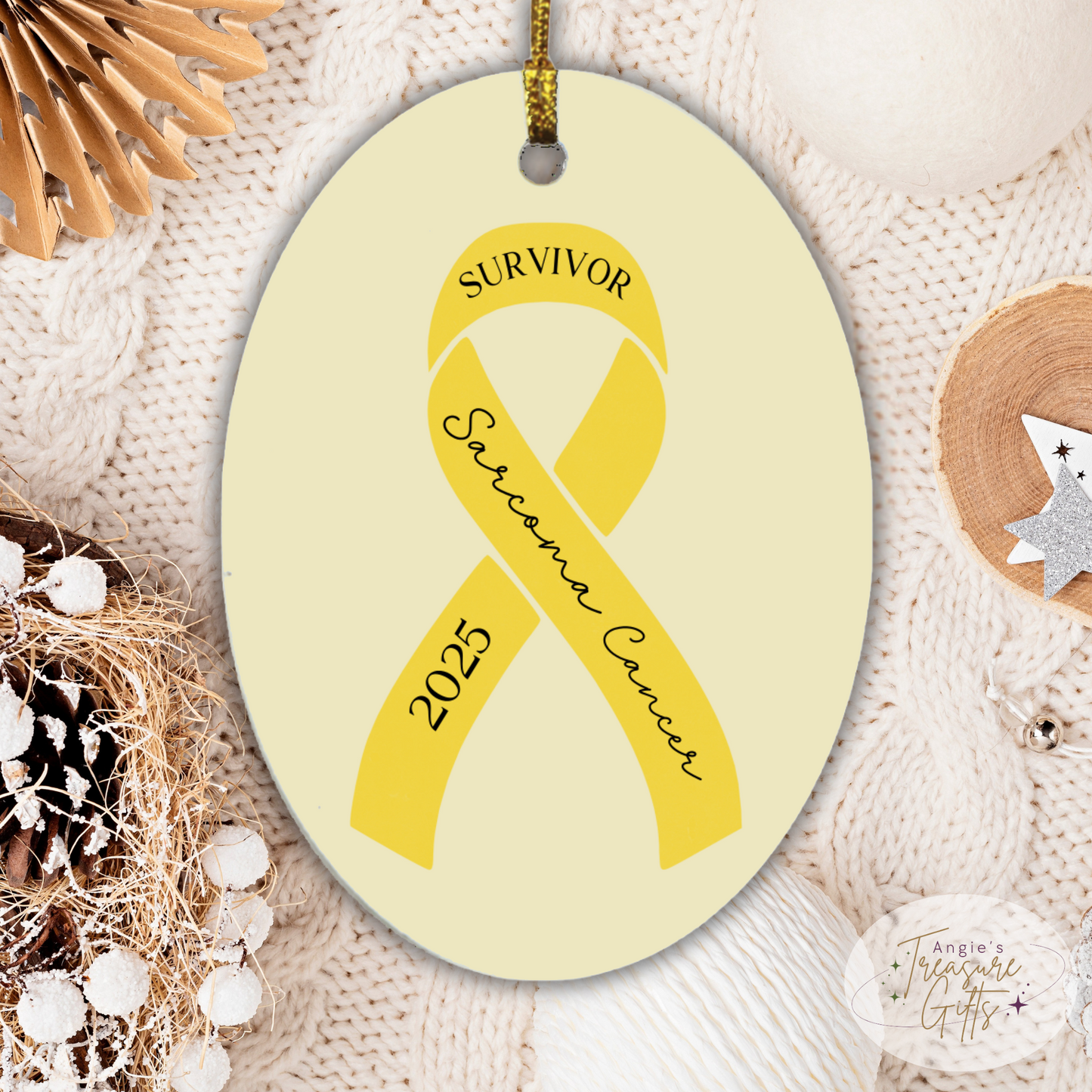 Personalized Sarcoma Cancer Ornament – Yellow Awareness Ribbon – Survivor, Warrior, or Fighter – Custom Year Keepsake Gift