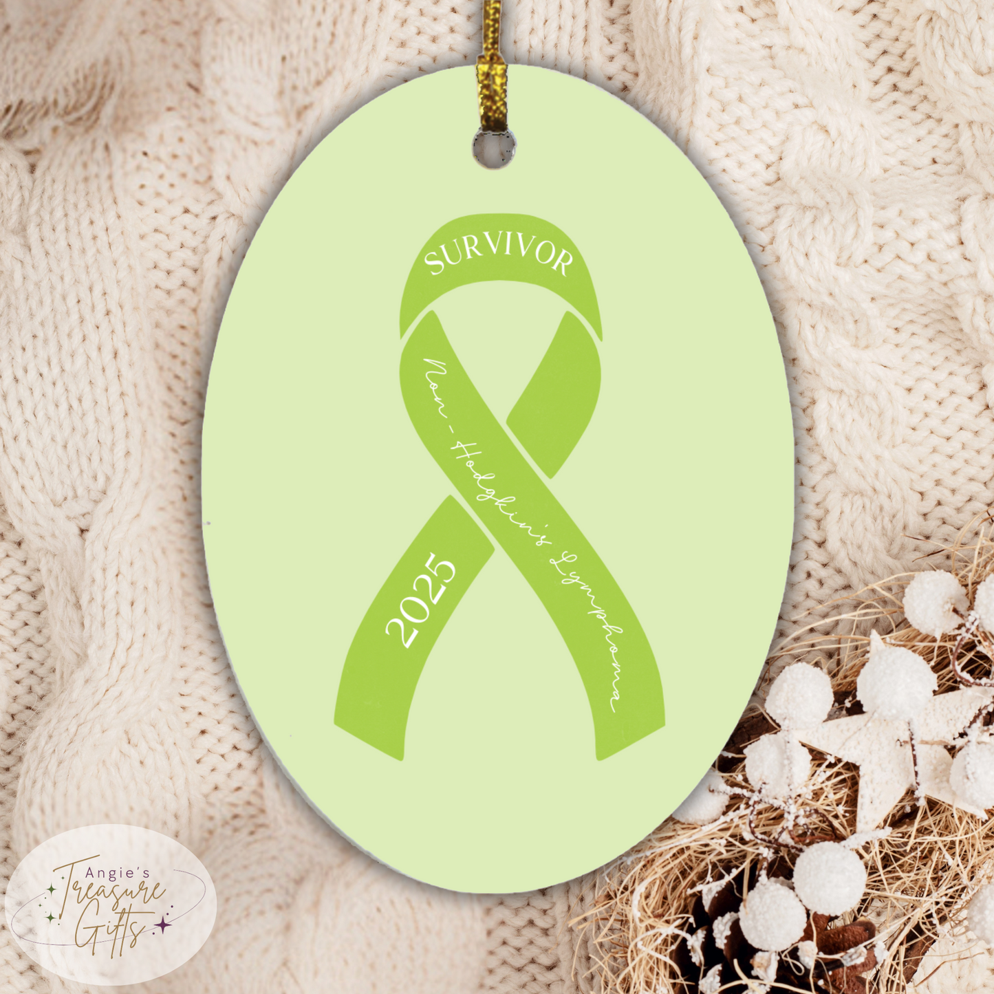 Personalized Non-Hodgkin's Lymphoma Ornament – Lime Green Awareness Ribbon – Survivor, Warrior, or Fighter – Custom Year Keepsake Gift