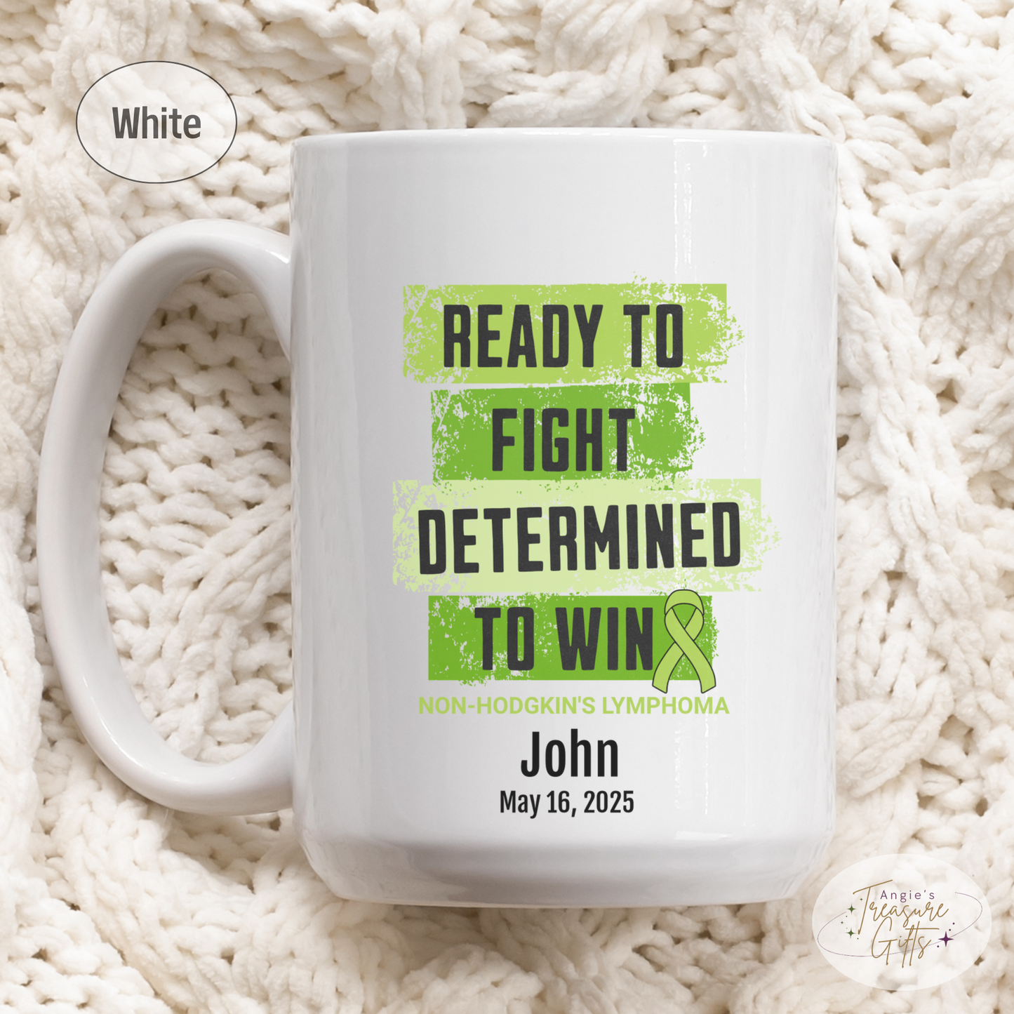 Personalized Non-Hodgkin’s Lymphoma Awareness Mug – “Ready to Fight, Determined to Win” – Green Ribbon Survivor Gift