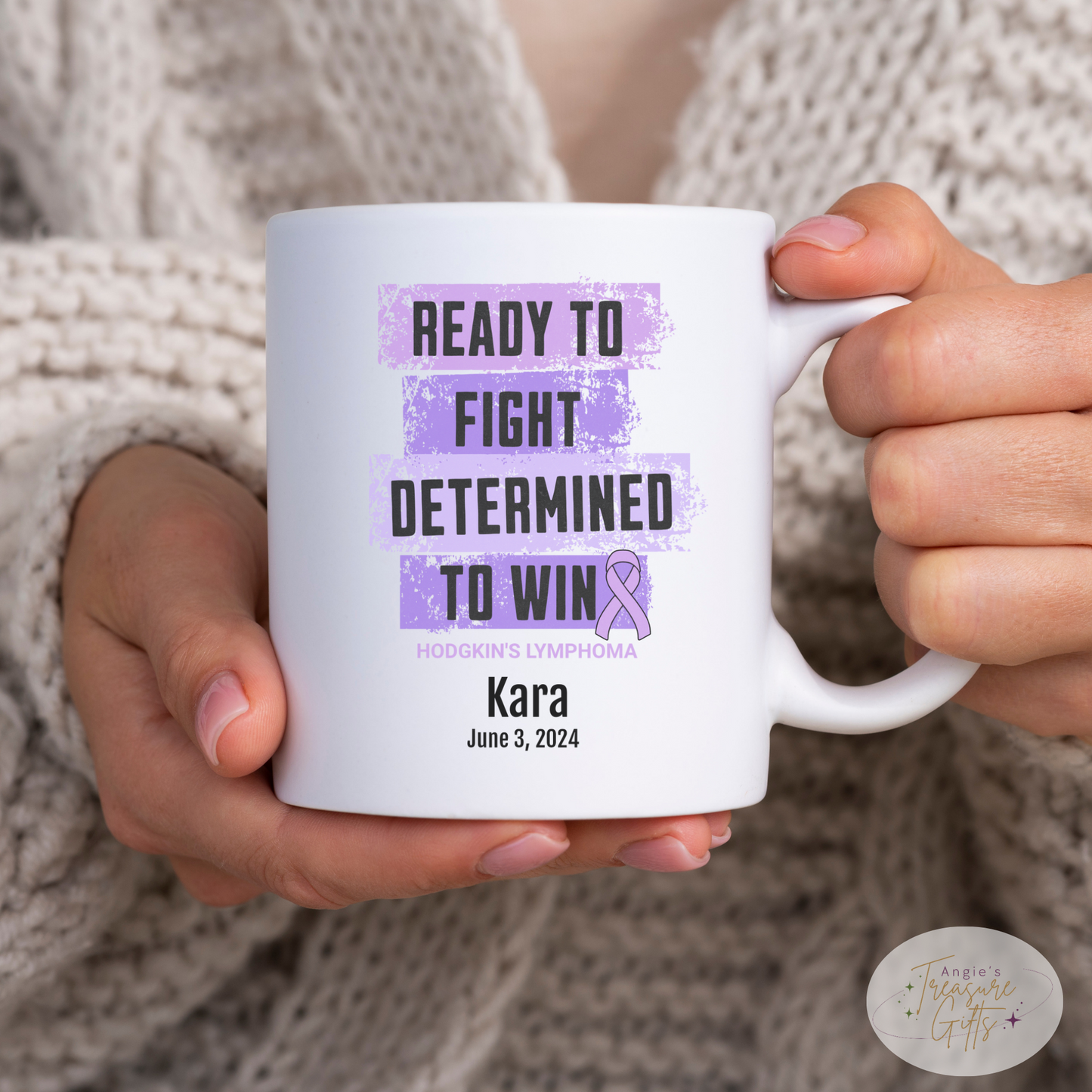 Personalized Hodgkin’s Lymphoma Awareness Mug – “Ready to Fight, Determined to Win” – Violet Ribbon Survivor Gift