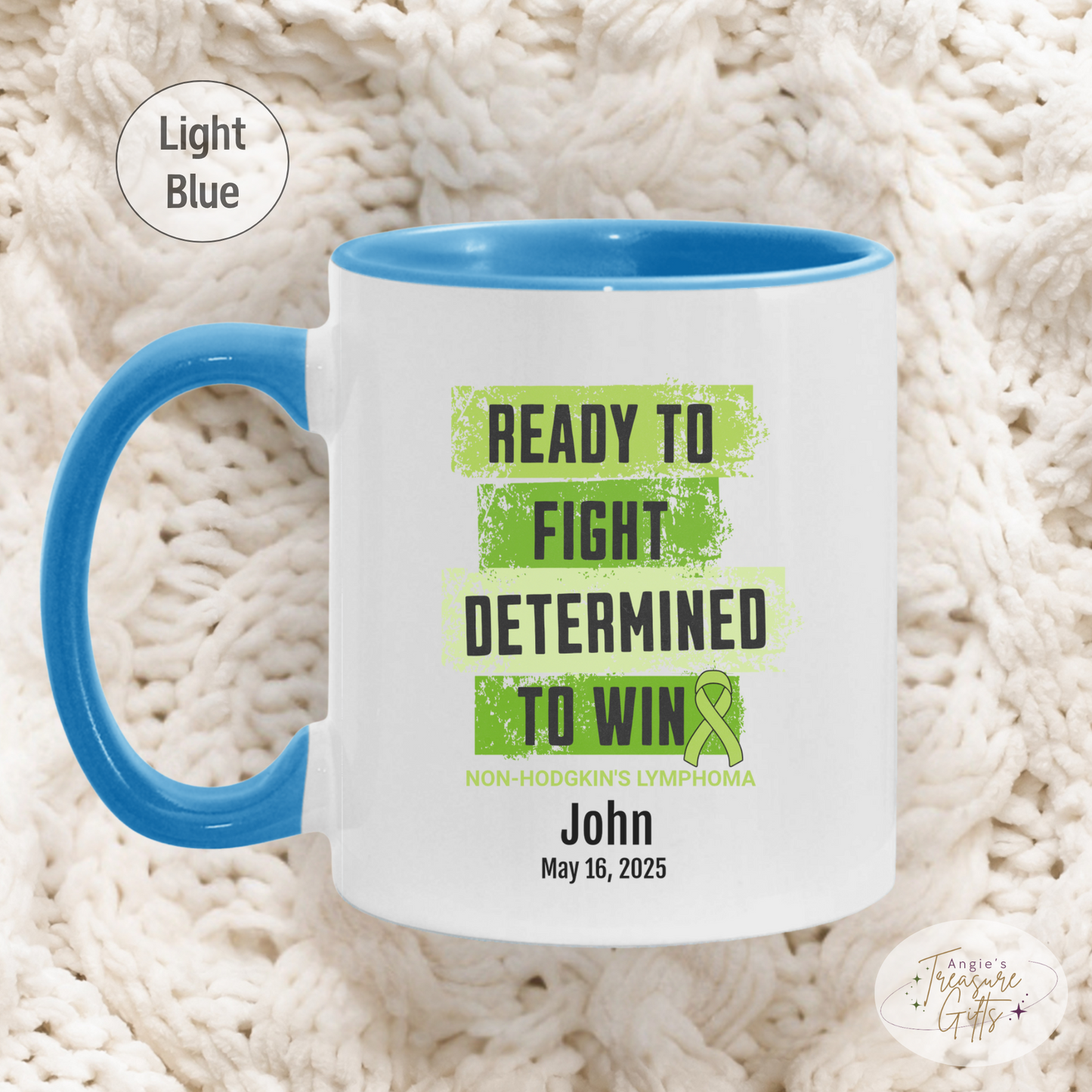 Personalized Non-Hodgkin’s Lymphoma Awareness Mug – “Ready to Fight, Determined to Win” – Green Ribbon Survivor Gift