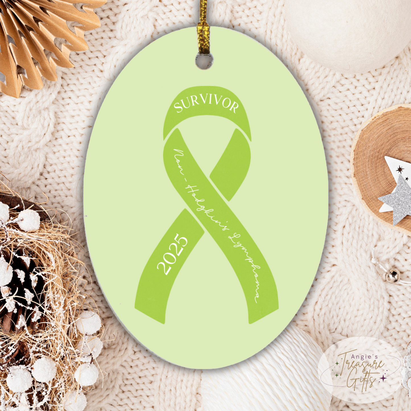 Personalized Non-Hodgkin's Lymphoma Ornament – Lime Green Awareness Ribbon – Survivor, Warrior, or Fighter – Custom Year Keepsake Gift