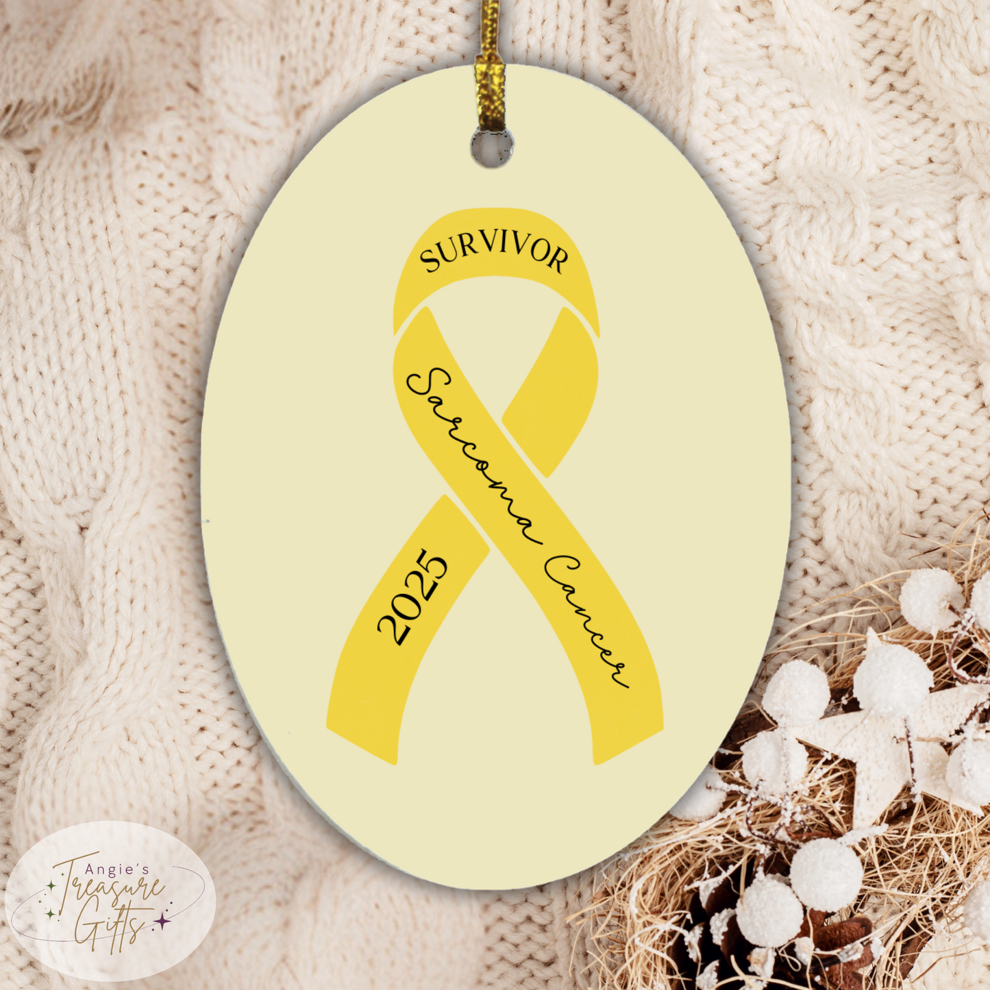 Personalized Sarcoma Cancer Ornament – Yellow Awareness Ribbon – Survivor, Warrior, or Fighter – Custom Year Keepsake Gift