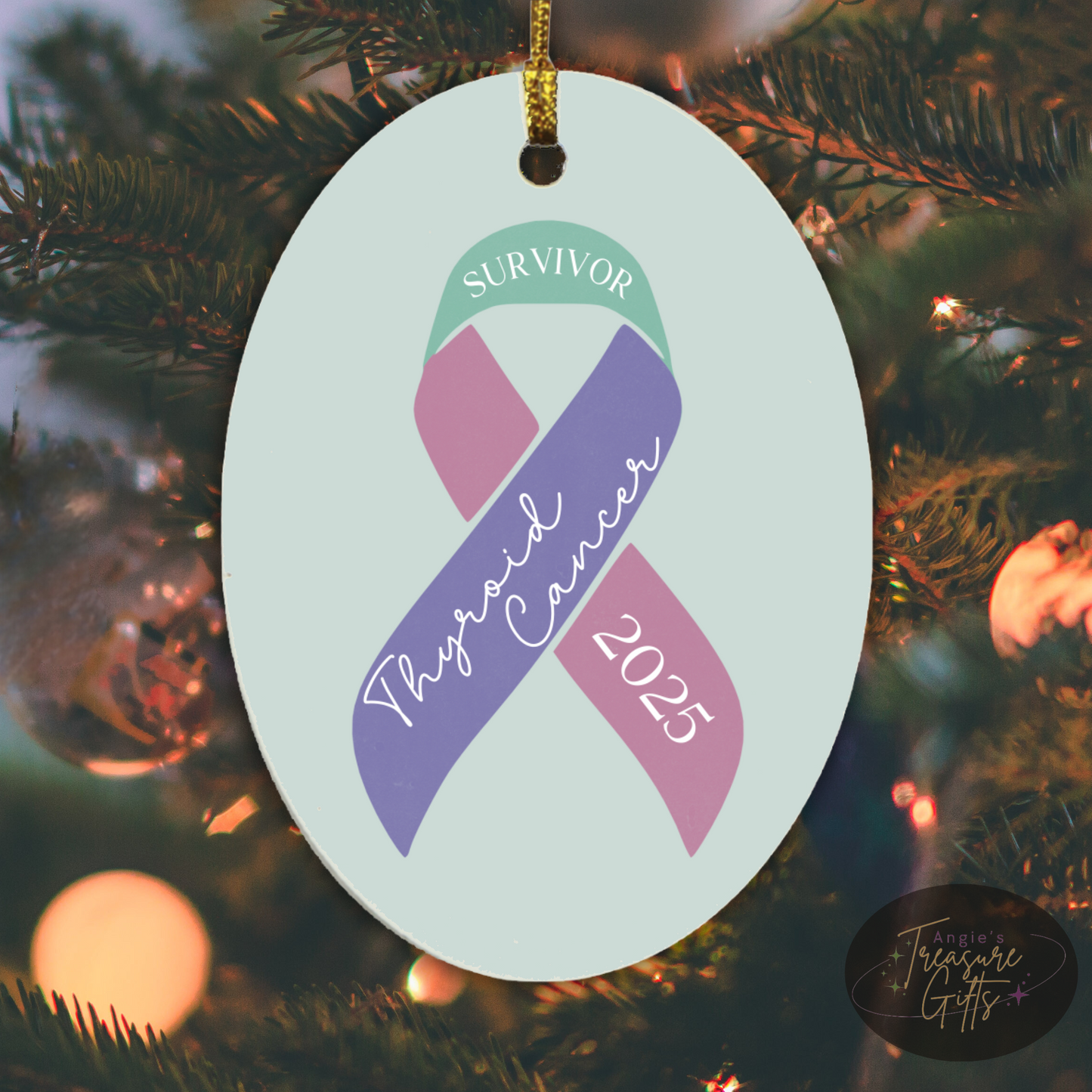 Personalized Thyroid Cancer Ornament – Teal, Purple, & Pink Awareness Ribbon – Survivor, Warrior, or Fighter – Custom Year Keepsake Gift