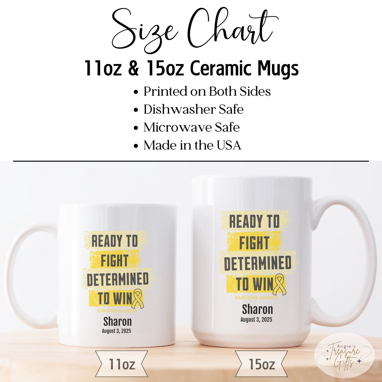 Personalized Sarcoma Cancer Awareness Mug – “Ready to Fight, Determined to Win” – Yellow Ribbon Survivor Gift
