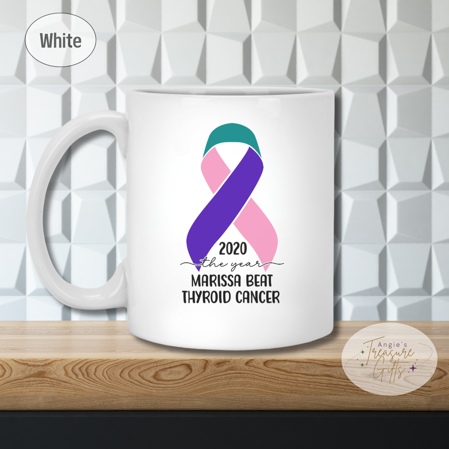 Personalized Thyroid Cancer Survivor Mug – Pink Teal Purple Awareness Ribbon Coffee Cup