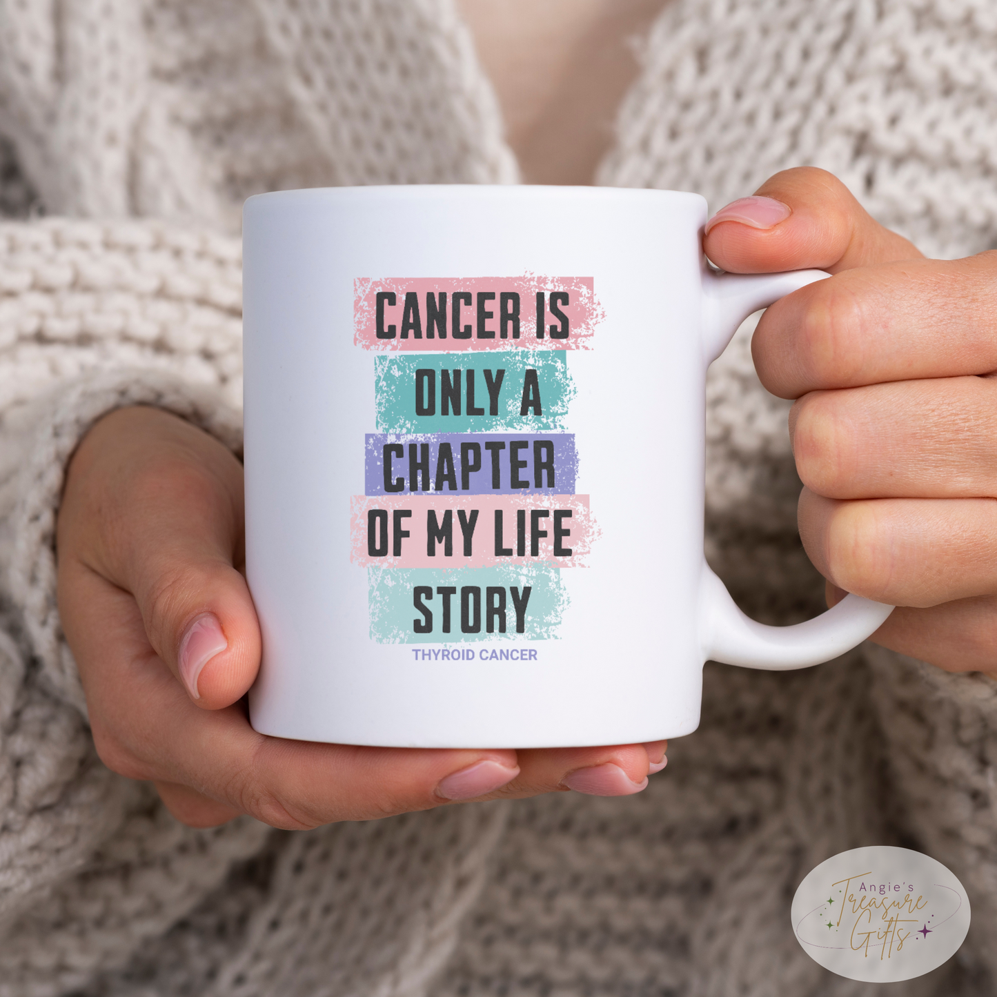 Thyroid Cancer Survivor Mug - Teal Pink Purple Cancer Ribbon Coffee Cup – Cancer Is Only a Chapter Awareness Mug 11oz 15oz