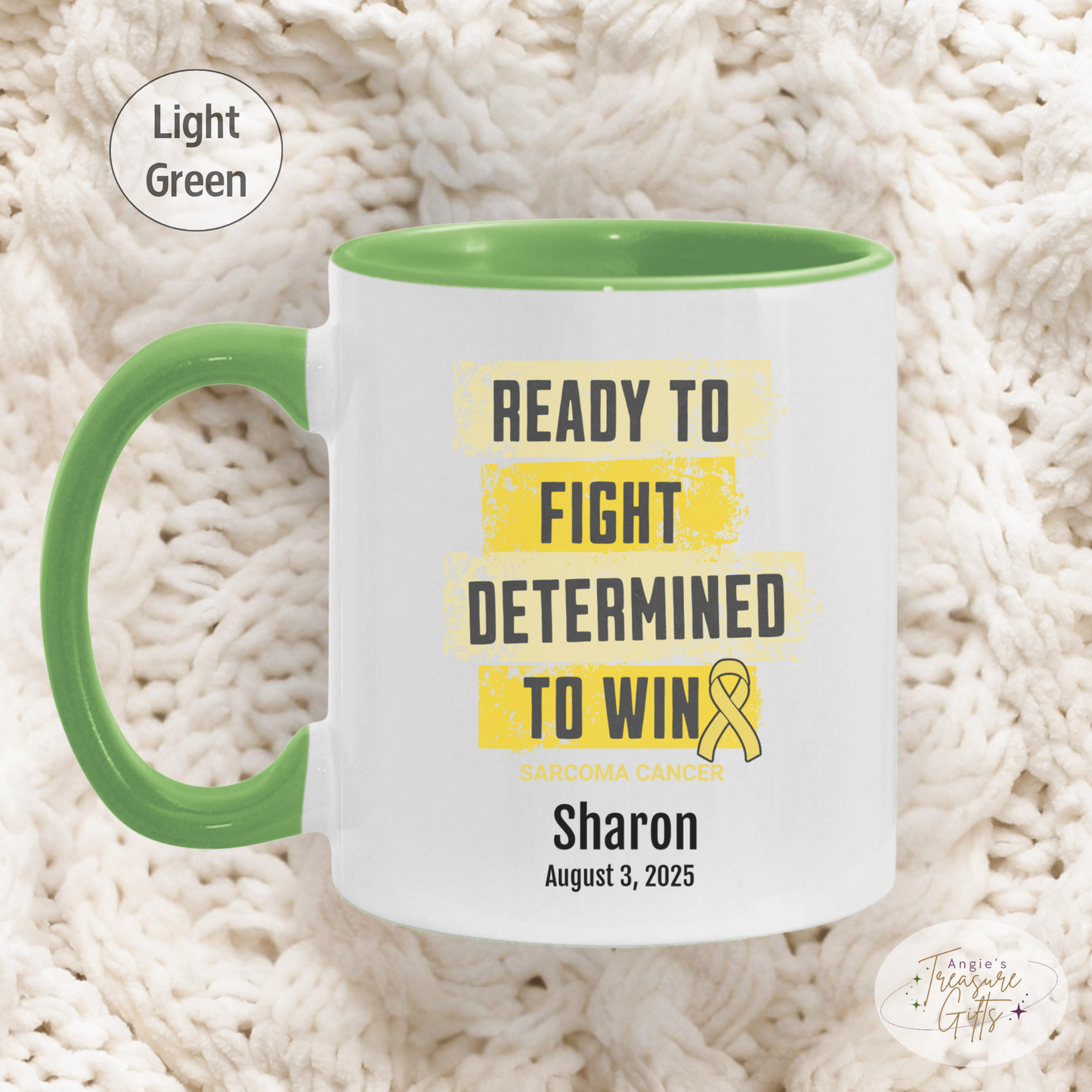 Personalized Sarcoma Cancer Awareness Mug – “Ready to Fight, Determined to Win” – Yellow Ribbon Survivor Gift