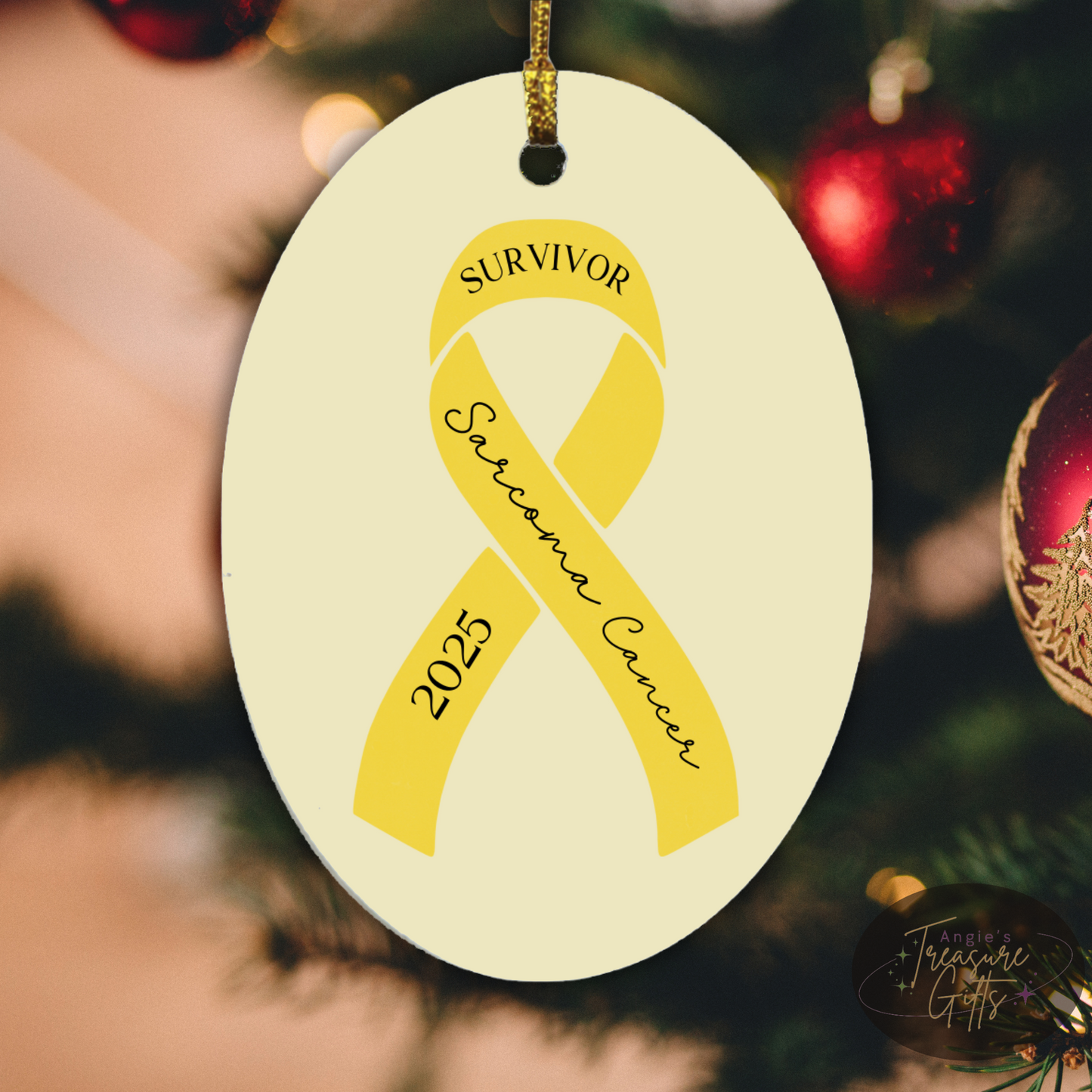Personalized Sarcoma Cancer Ornament – Yellow Awareness Ribbon – Survivor, Warrior, or Fighter – Custom Year Keepsake Gift