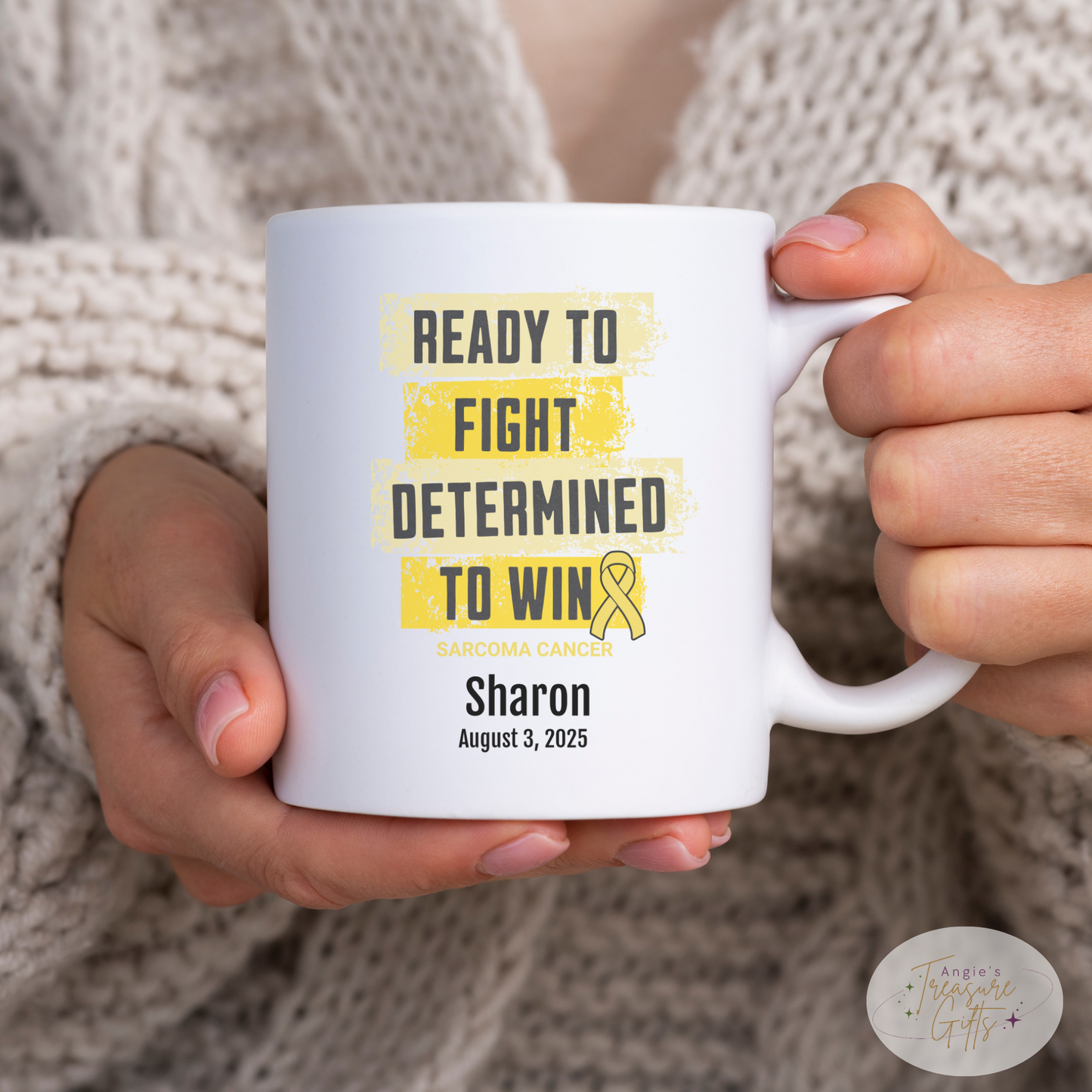 Personalized Sarcoma Cancer Awareness Mug – “Ready to Fight, Determined to Win” – Yellow Ribbon Survivor Gift