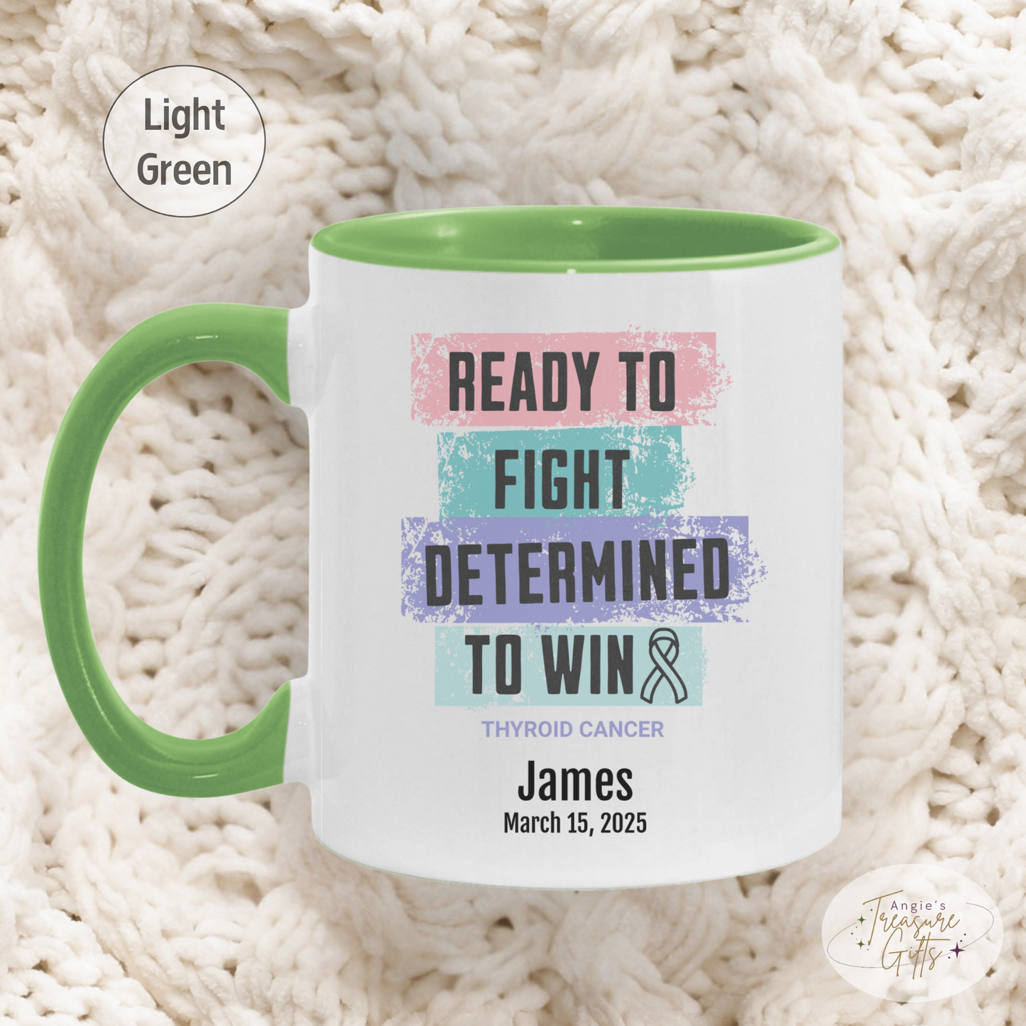 Personalized Thyroid Cancer Awareness Mug – “Ready to Fight, Determined to Win” – Teal Pink Blue Ribbon Survivor Gift