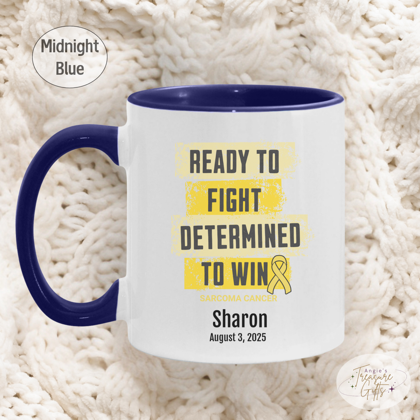 Personalized Sarcoma Cancer Awareness Mug – “Ready to Fight, Determined to Win” – Yellow Ribbon Survivor Gift