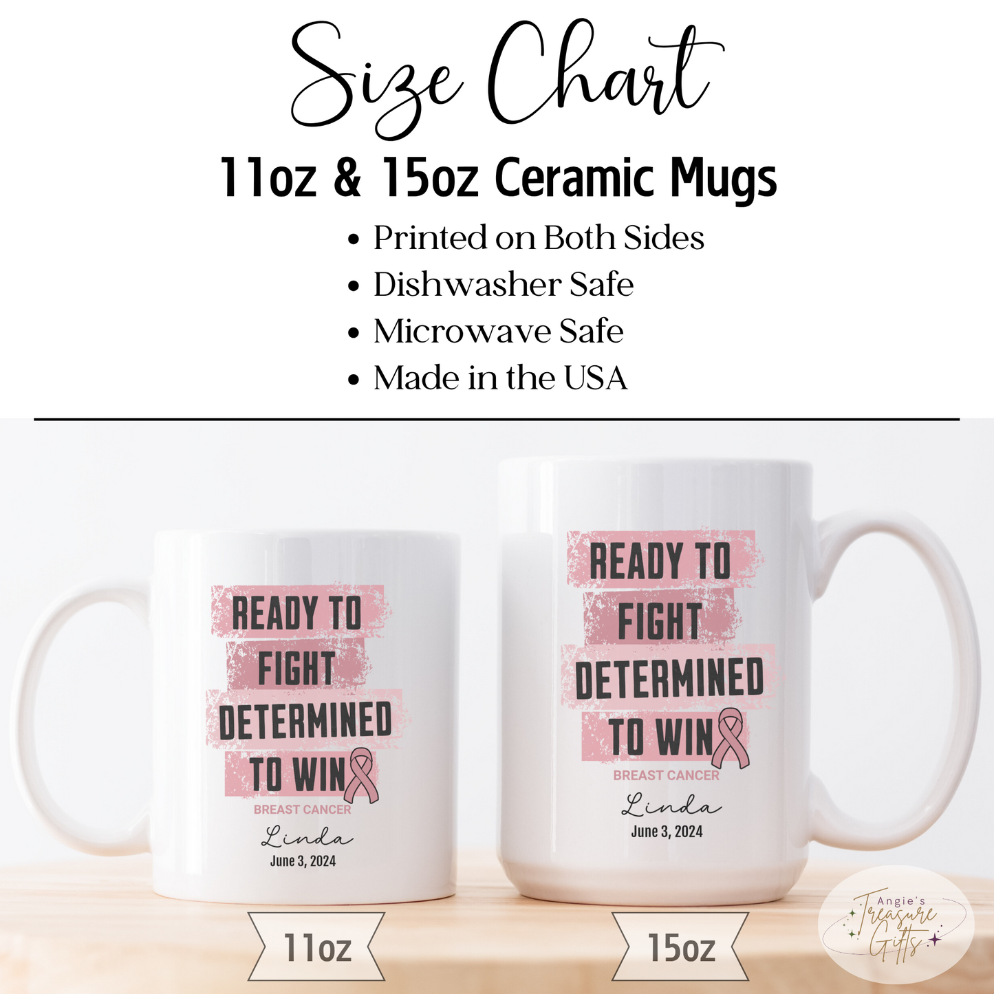 Personalized Breast Cancer Awareness Mug – “Ready to Fight, Determined to Win” – Pink Ribbon Survivor Gift