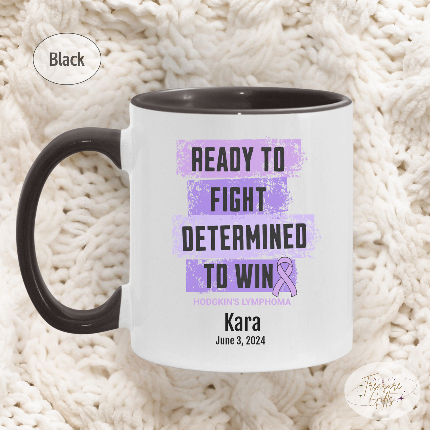 Personalized Hodgkin’s Lymphoma Awareness Mug – “Ready to Fight, Determined to Win” – Violet Ribbon Survivor Gift