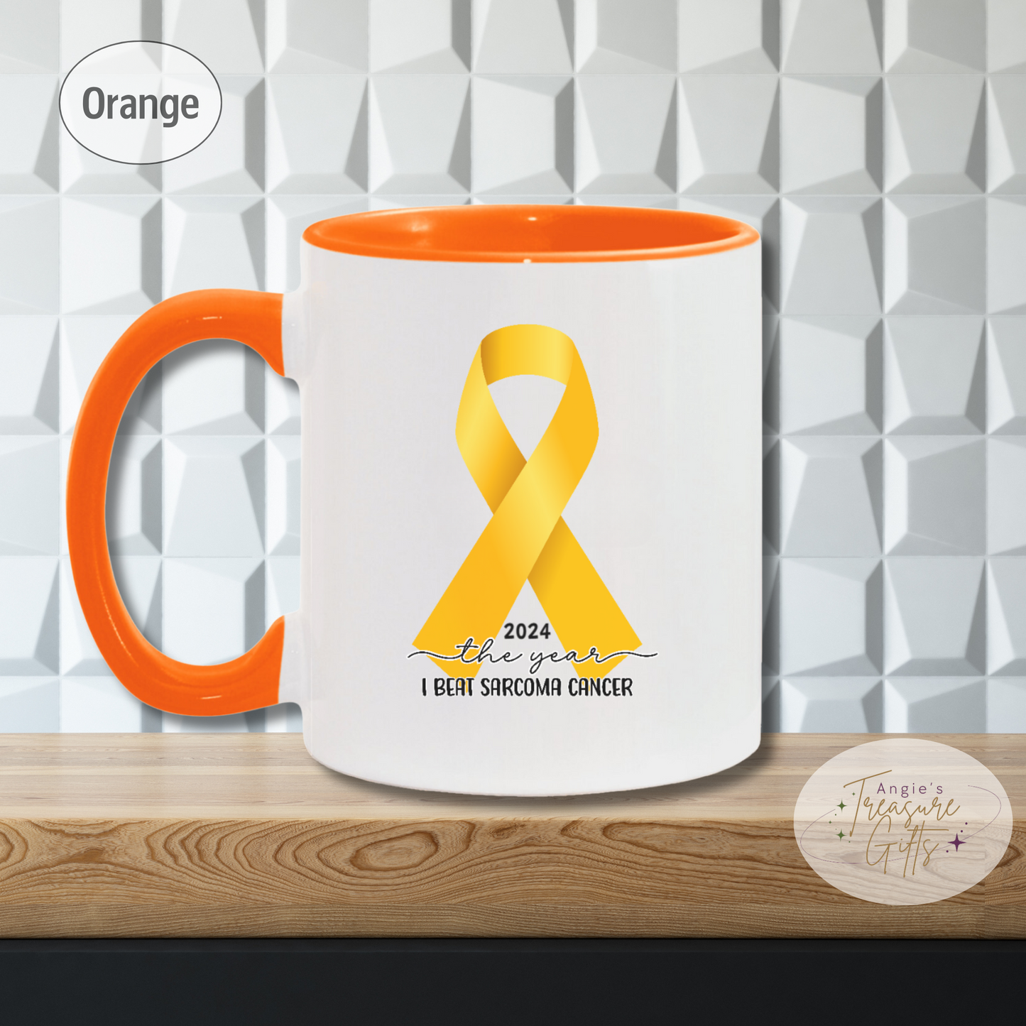 Custom Sarcoma Cancer Mug, I Beat Sarcoma Cancer Gift, Cancer Survivor Customized Coffee Cup, Yellow Awareness Ribbon, Accent Color Mug
