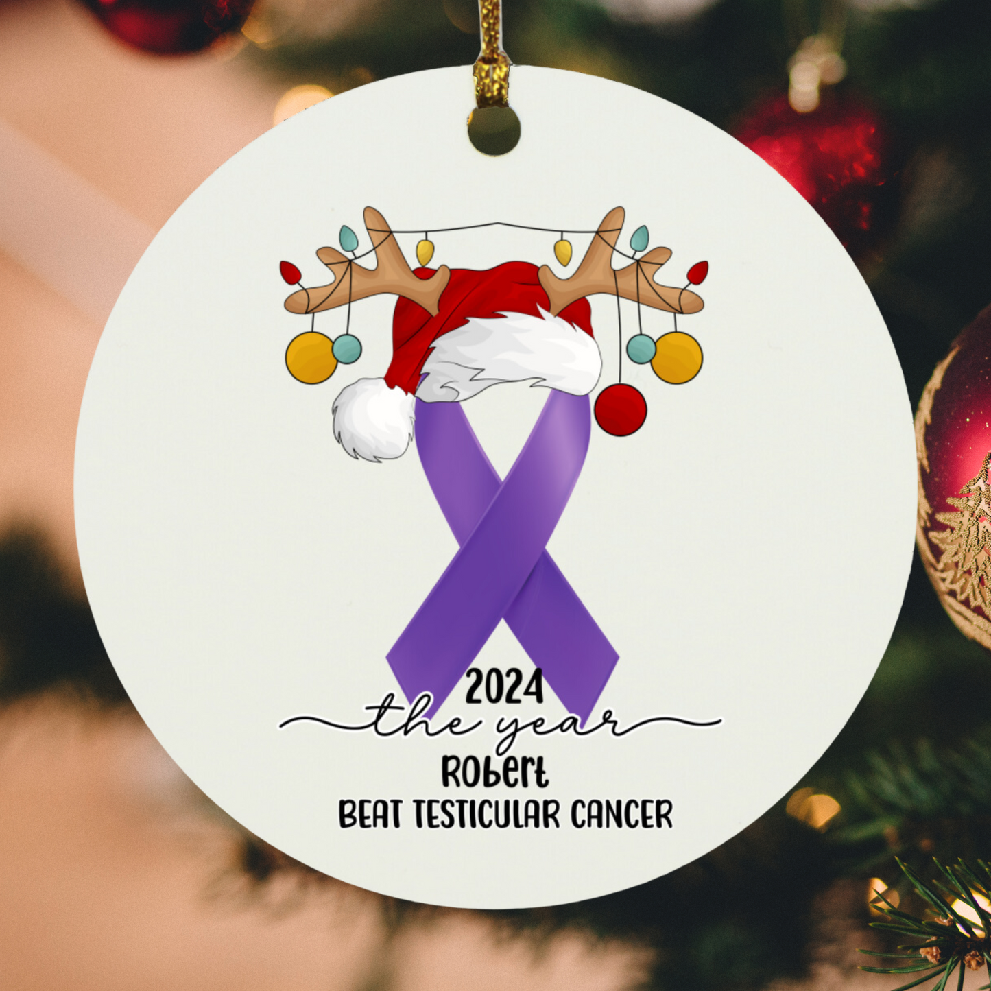 Custom Testicular Cancer Survivor Ornament – Personalized Year & Name – Purple Ribbon Holiday Keepsake