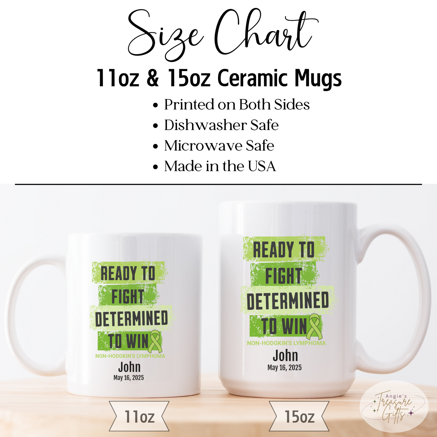 Personalized Non-Hodgkin’s Lymphoma Awareness Mug – “Ready to Fight, Determined to Win” – Green Ribbon Survivor Gift
