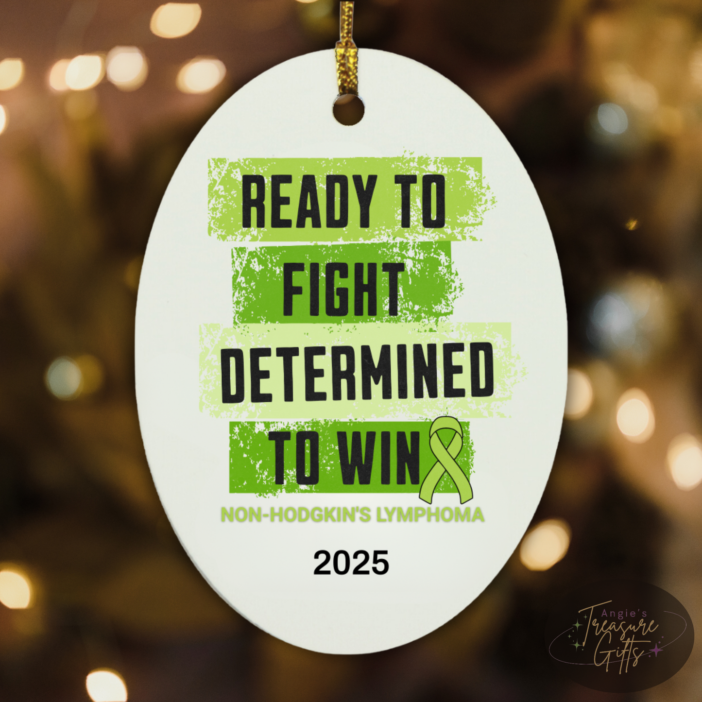 Personalized Non-Hodgkin’s Lymphoma Awareness Ornament – “Ready to Fight, Determined to Win” Lime Green Ribbon