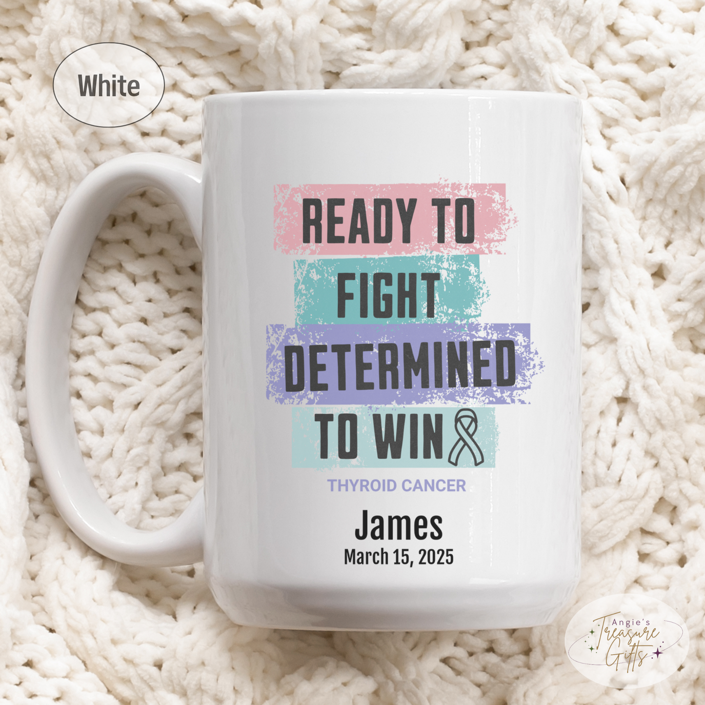 Personalized Thyroid Cancer Awareness Mug – “Ready to Fight, Determined to Win” – Teal Pink Blue Ribbon Survivor Gift