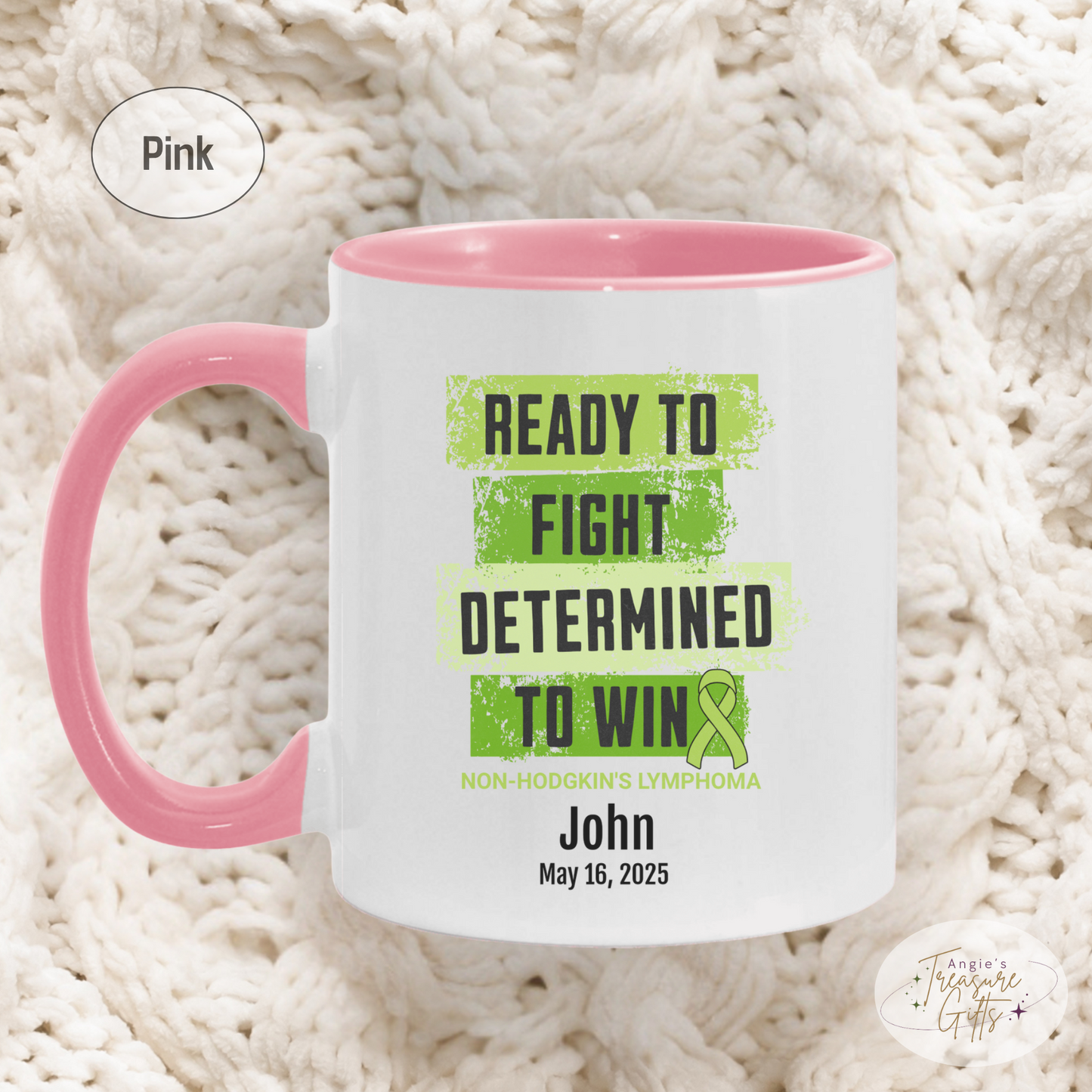 Personalized Non-Hodgkin’s Lymphoma Awareness Mug – “Ready to Fight, Determined to Win” – Green Ribbon Survivor Gift