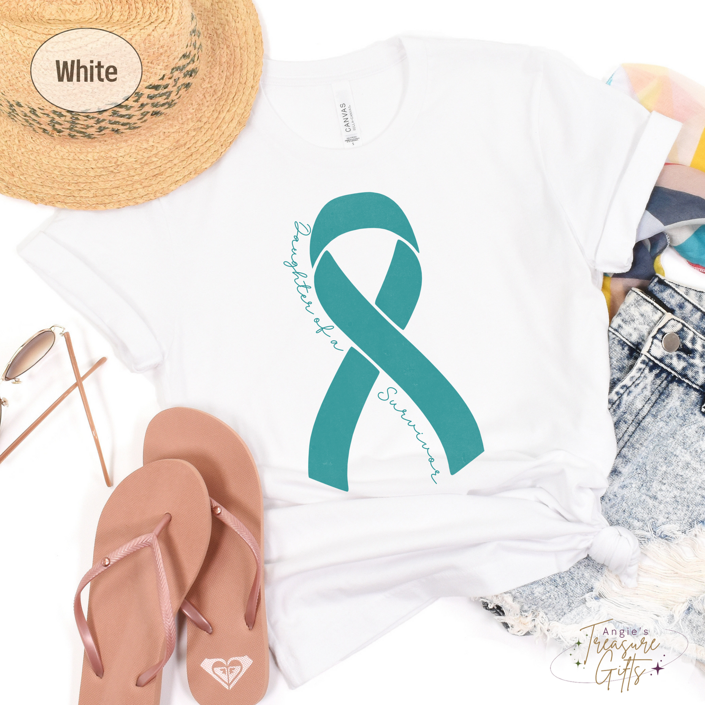 Personalized Ovarian Cancer Awareness Shirt – Teal Ribbon Tee – Customizable Survivor, Warrior, Fighter Support – Bella Canvas 3001