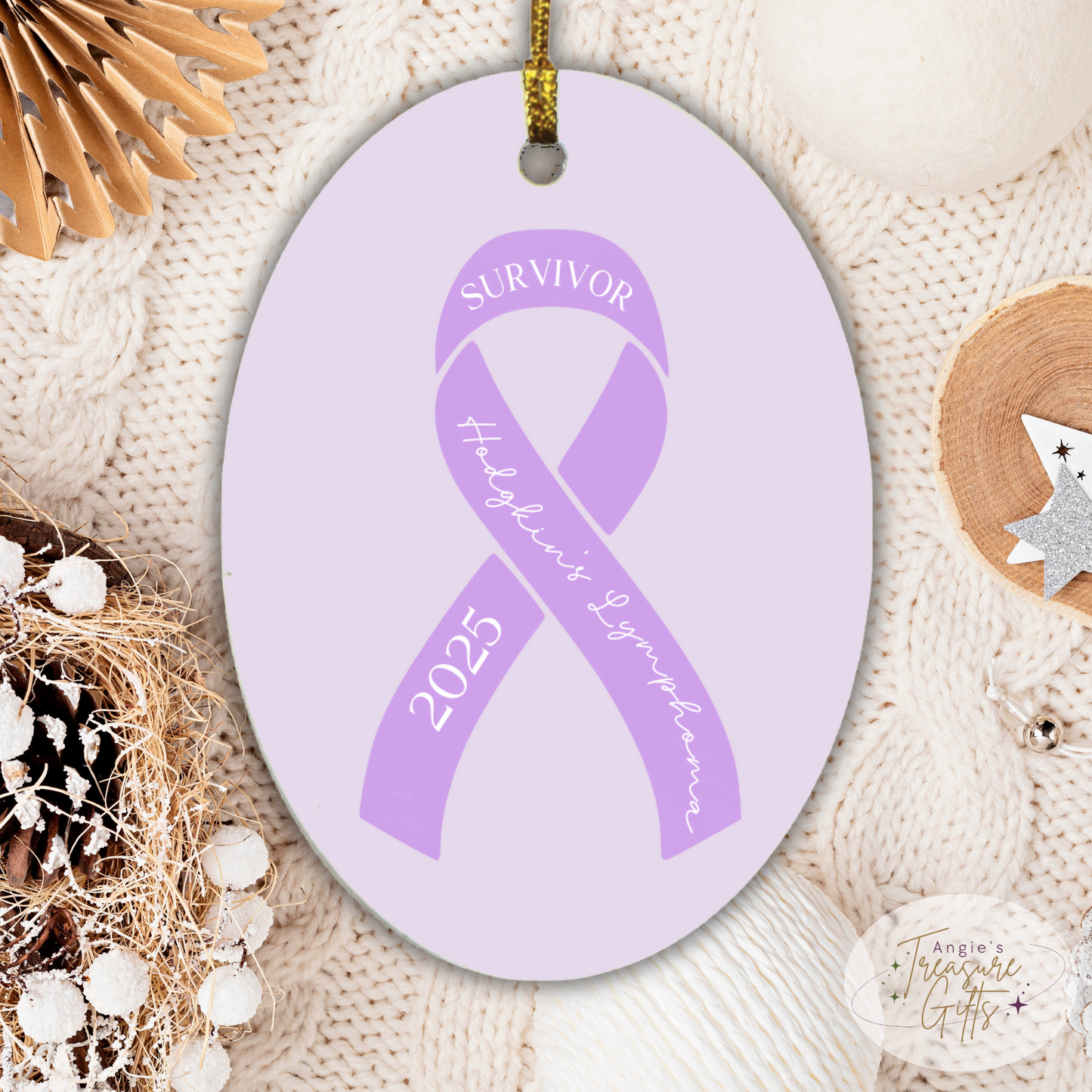 Personalized Hodgkins Lymphoma Ornament – Purple Awareness Ribbon – Survivor, Warrior, or Fighter – Custom Year Keepsake Gift