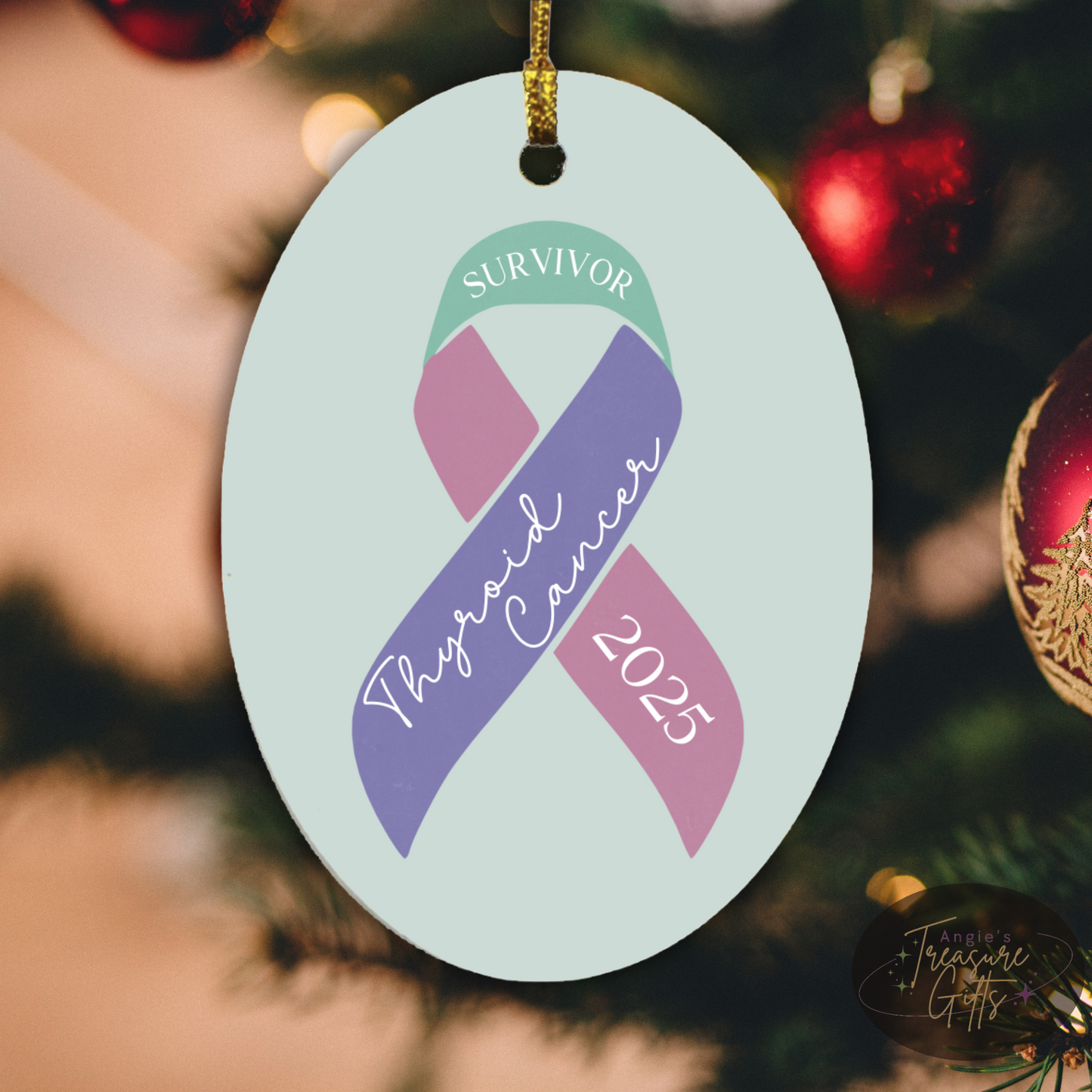Personalized Thyroid Cancer Ornament – Teal, Purple, & Pink Awareness Ribbon – Survivor, Warrior, or Fighter – Custom Year Keepsake Gift