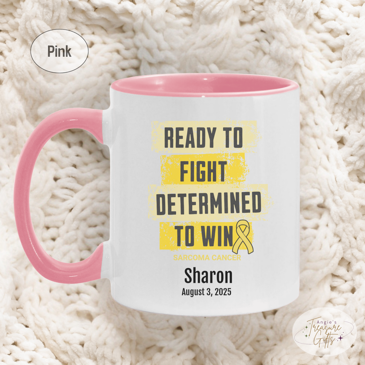 Personalized Sarcoma Cancer Awareness Mug – “Ready to Fight, Determined to Win” – Yellow Ribbon Survivor Gift