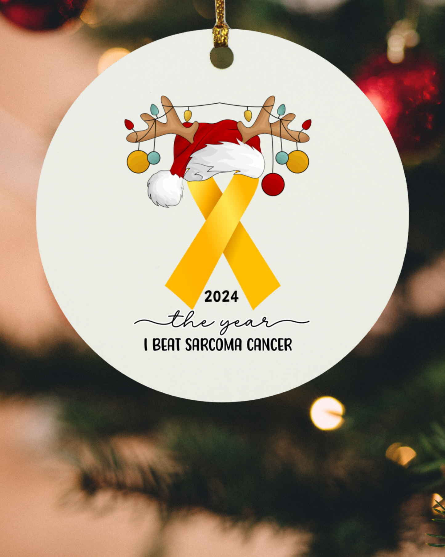 Personalized Sarcoma Cancer Survivor Christmas Ornament – Yellow Awareness Ribbon