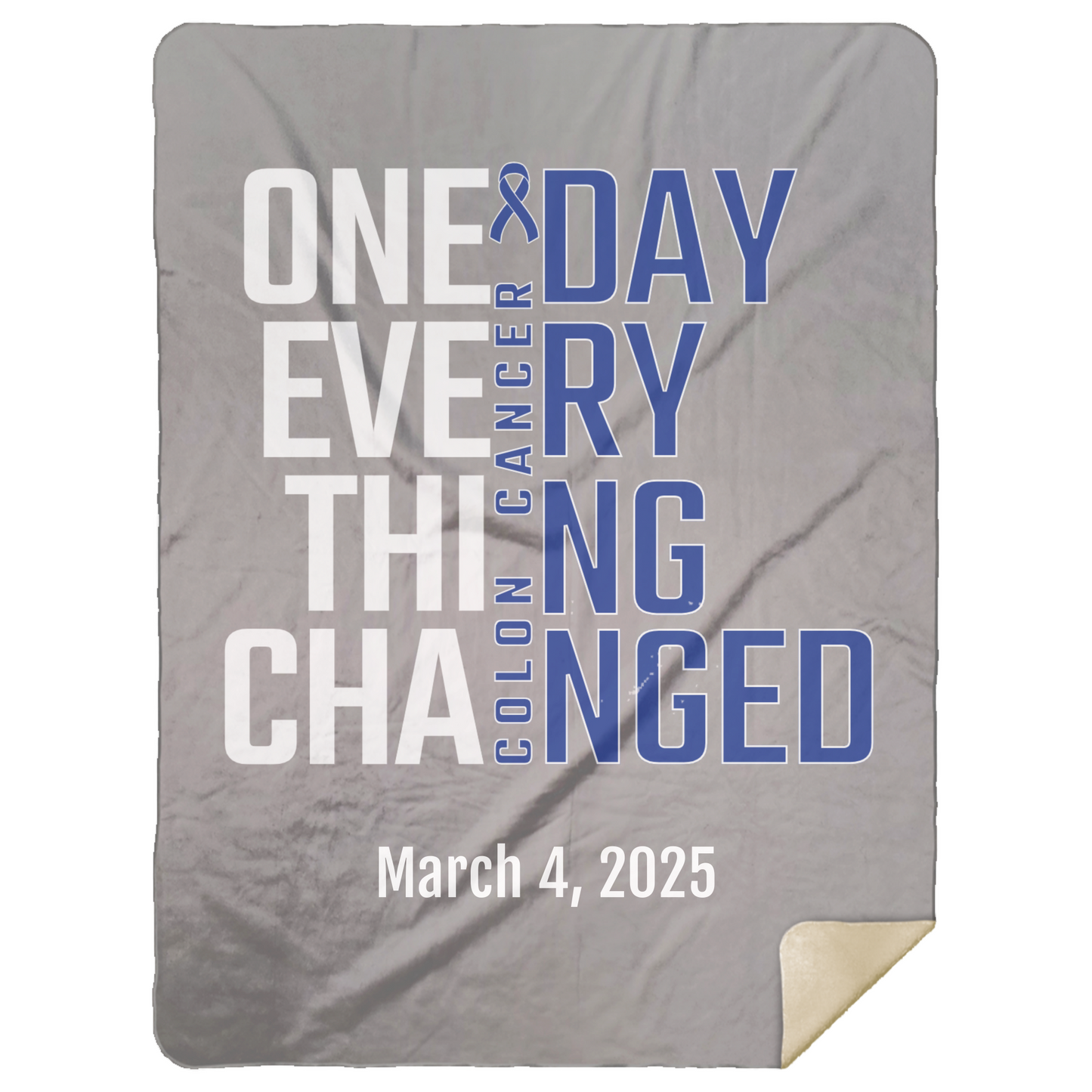 Personalized Colon Cancer Awareness Sherpa Blanket – One Day Everything Changed – Custom Name & Date - Three Sizes - Dark Blue Ribbon
