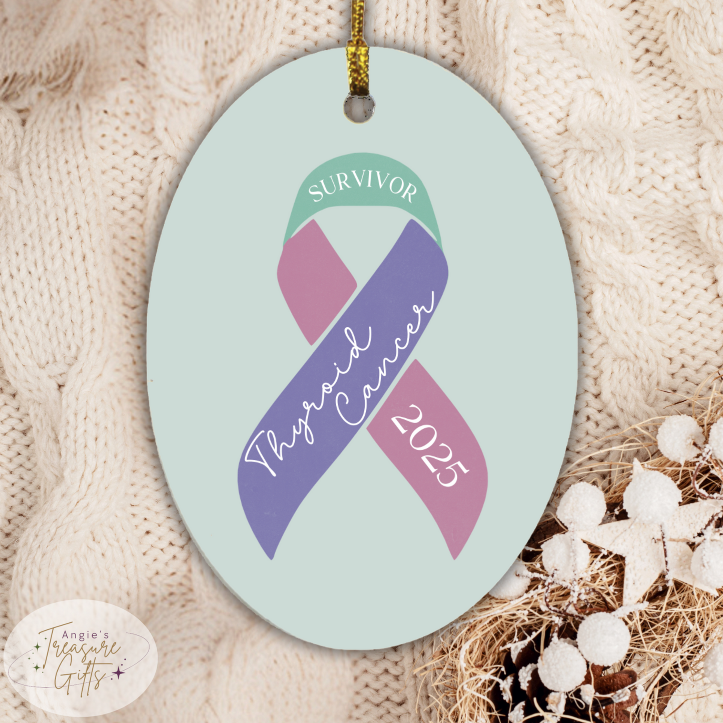 Personalized Thyroid Cancer Ornament – Teal, Purple, & Pink Awareness Ribbon – Survivor, Warrior, or Fighter – Custom Year Keepsake Gift