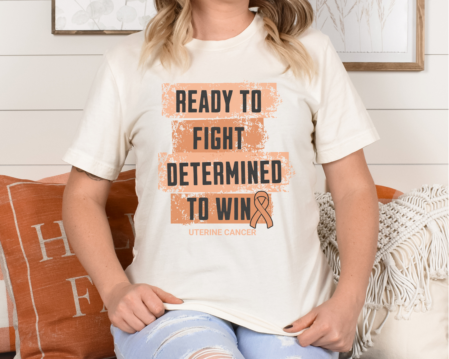 Uterine Cancer Awareness T-Shirt – Peach Ribbon Survivor Gift – Ready to Fight Determined to Win