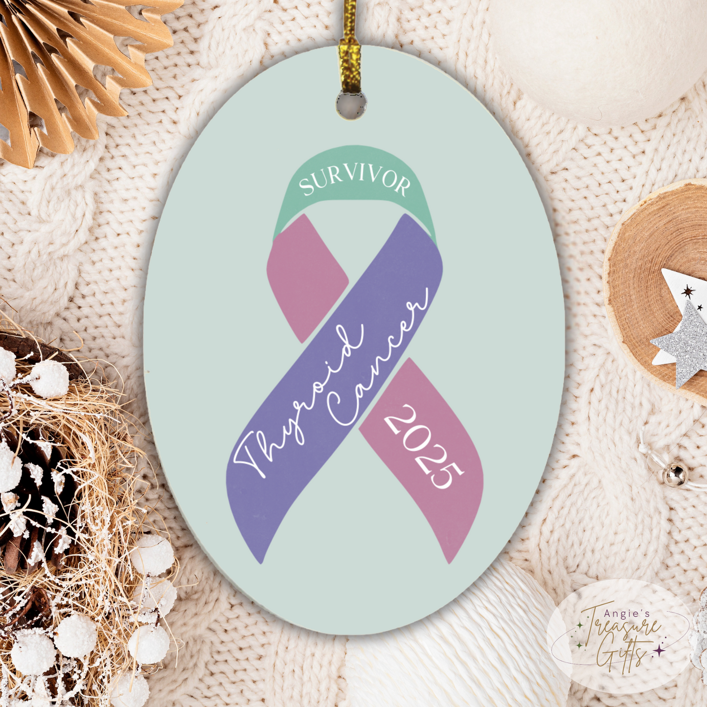 Personalized Thyroid Cancer Ornament – Teal, Purple, & Pink Awareness Ribbon – Survivor, Warrior, or Fighter – Custom Year Keepsake Gift