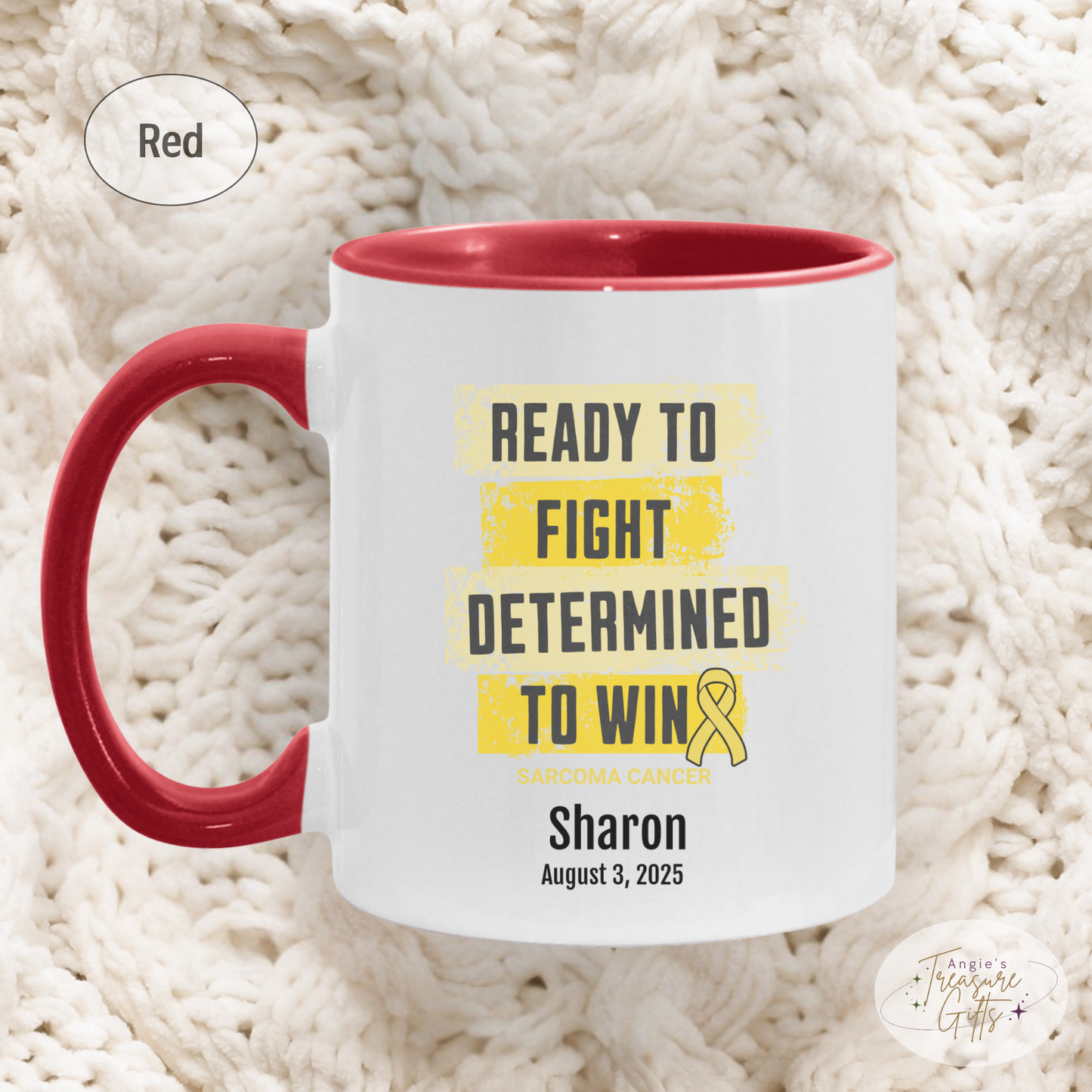 Personalized Sarcoma Cancer Awareness Mug – “Ready to Fight, Determined to Win” – Yellow Ribbon Survivor Gift