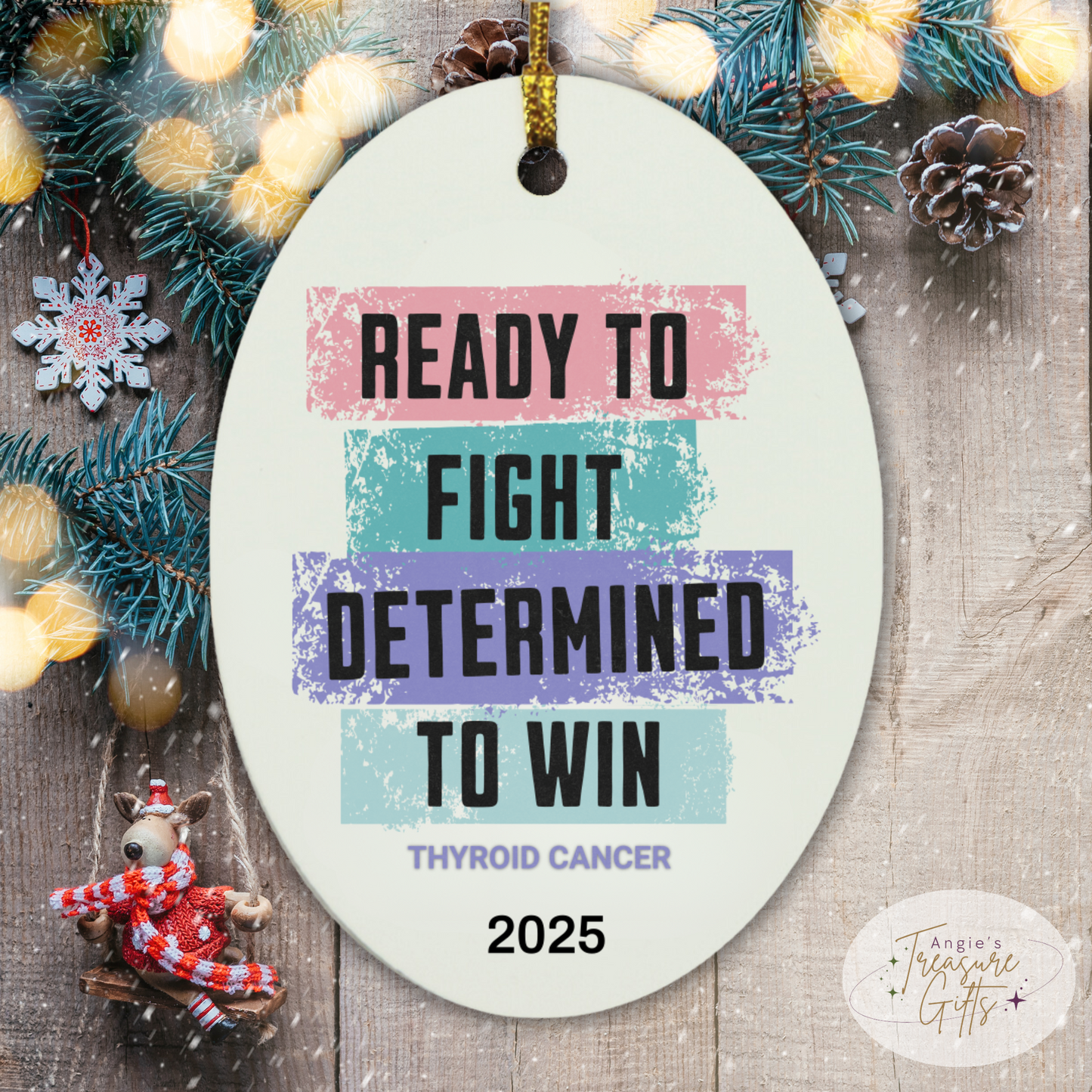 Personalized Thyroid Cancer Awareness Ornament – “Ready to Fight, Determined to Win” Pink Teal Purple Ribbon