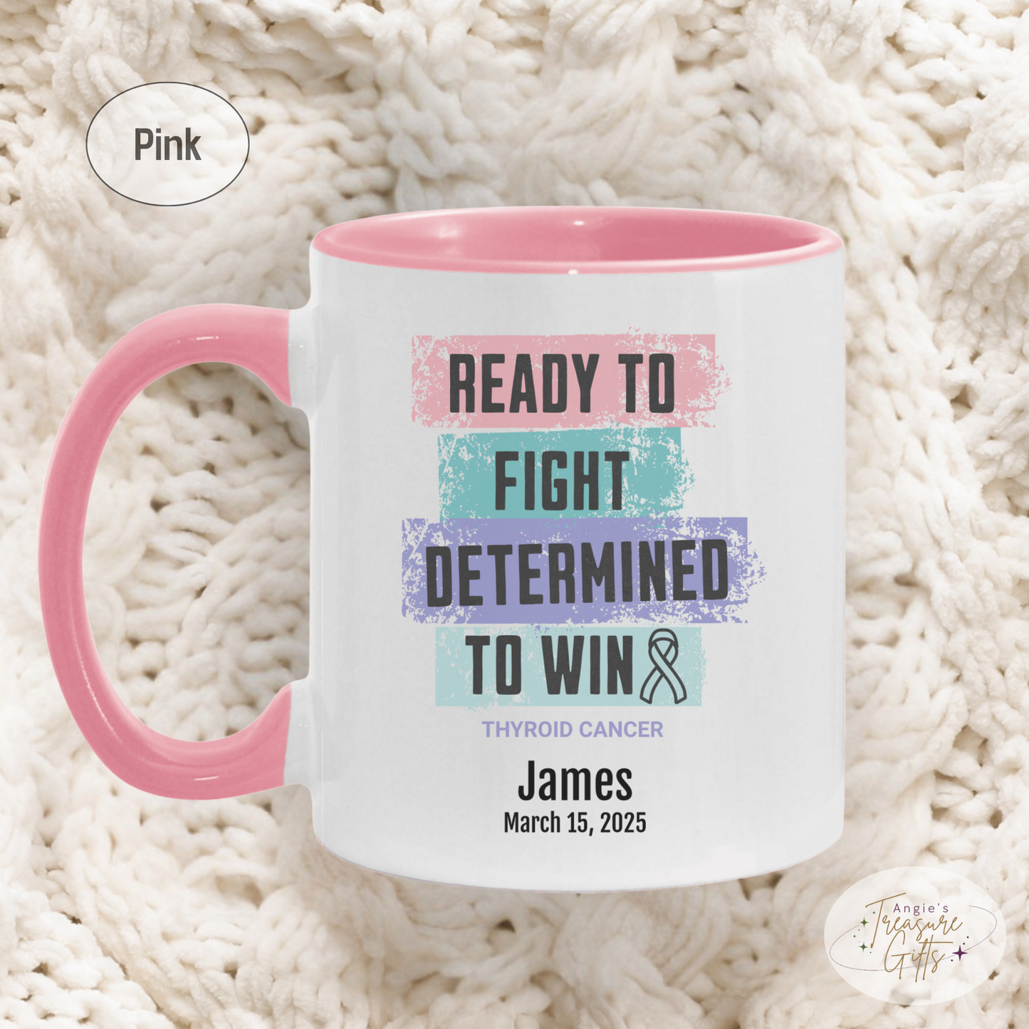 Personalized Thyroid Cancer Awareness Mug – “Ready to Fight, Determined to Win” – Teal Pink Blue Ribbon Survivor Gift