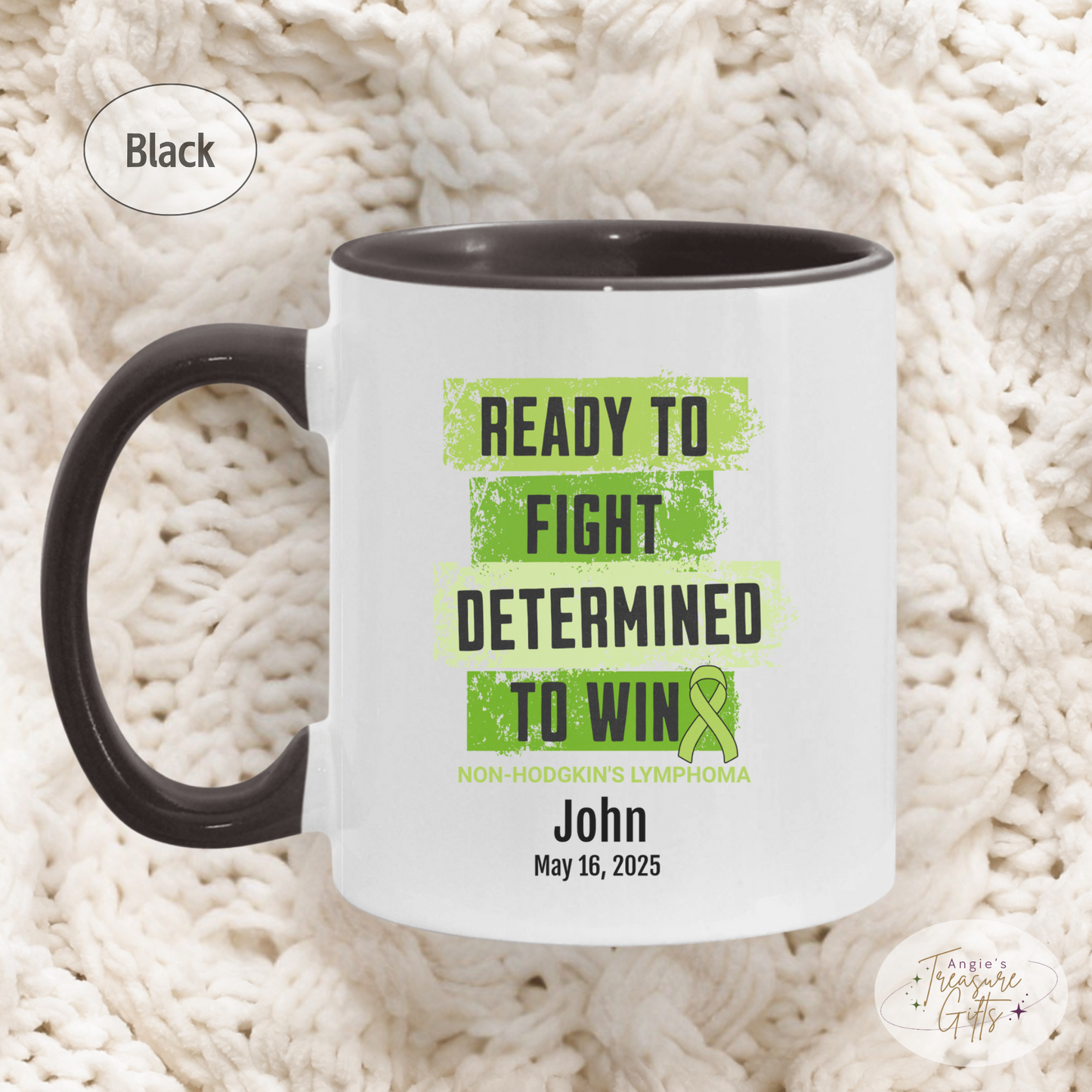 Personalized Non-Hodgkin’s Lymphoma Awareness Mug – “Ready to Fight, Determined to Win” – Green Ribbon Survivor Gift