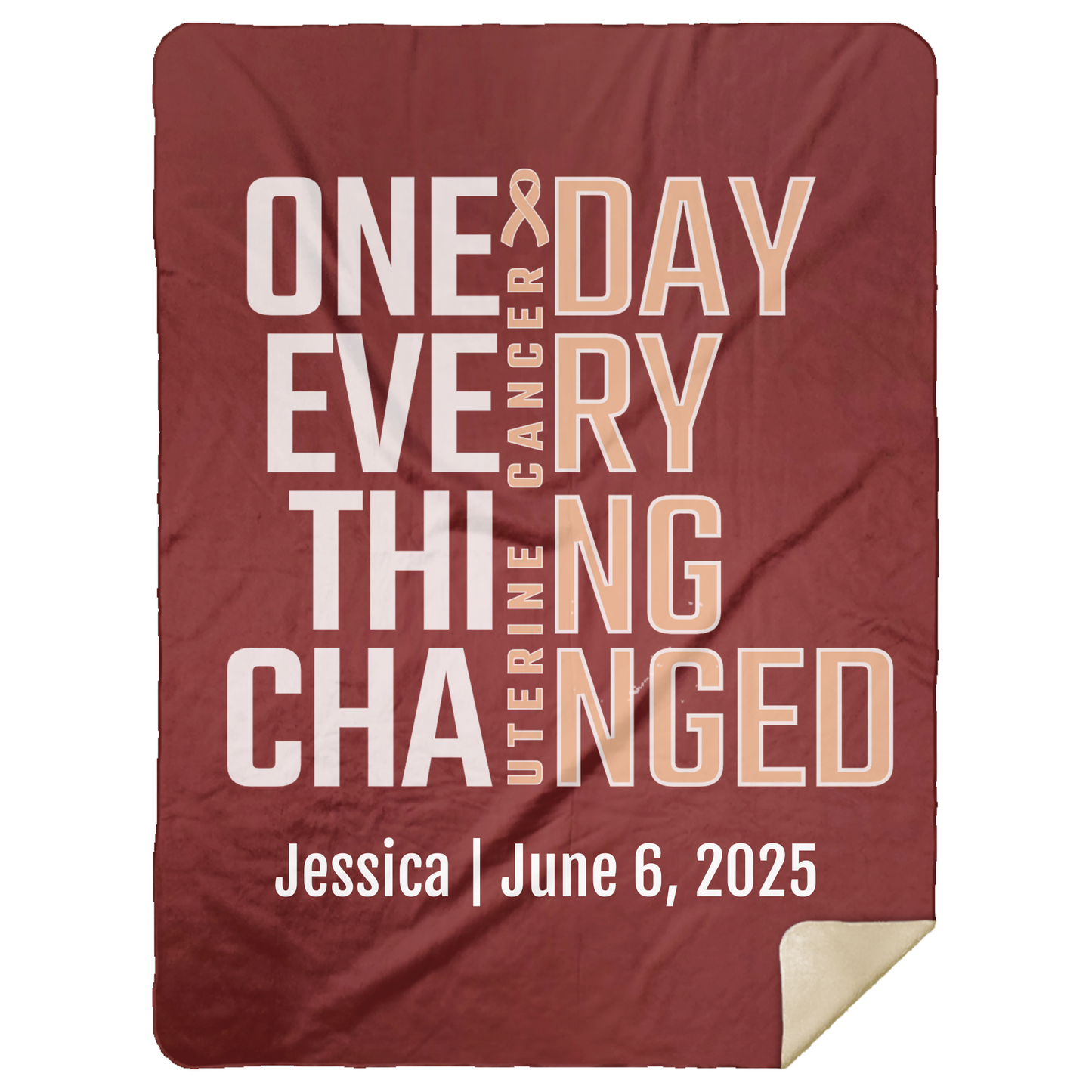Personalized Uterine Cancer Awareness Sherpa Blanket – One Day Everything Changed – Custom Name & Date - Three Sizes - Peach Ribbon