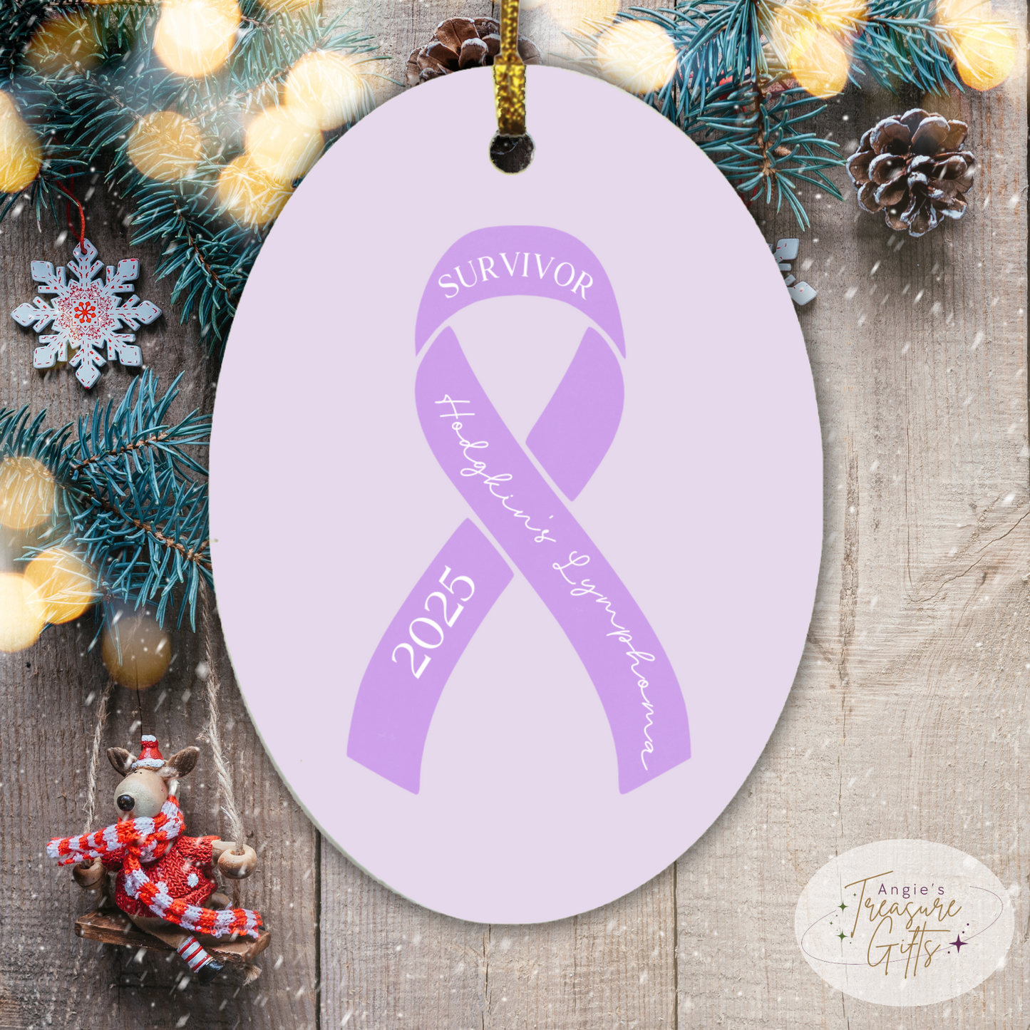 Personalized Hodgkins Lymphoma Ornament – Purple Awareness Ribbon – Survivor, Warrior, or Fighter – Custom Year Keepsake Gift