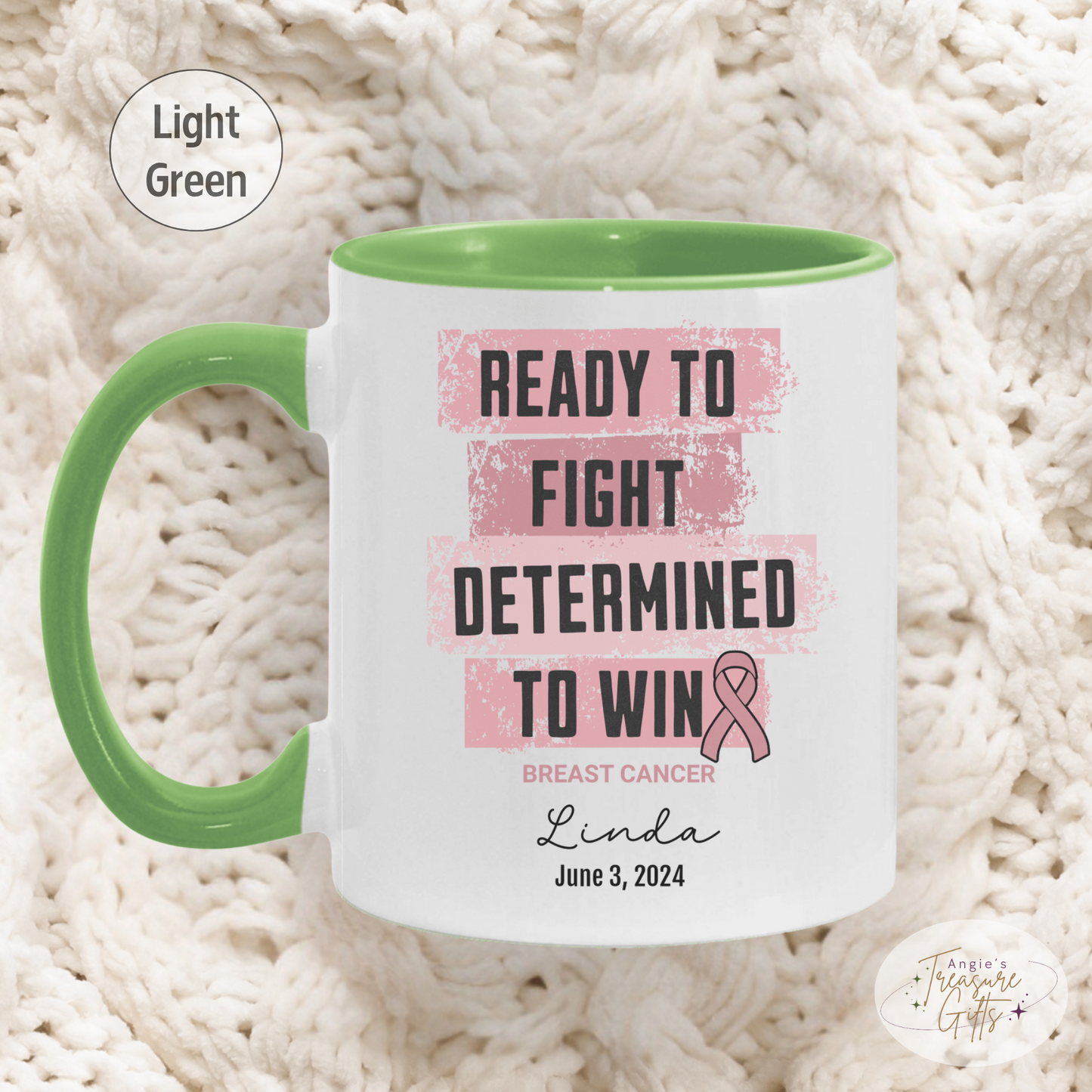 Personalized Breast Cancer Awareness Mug – “Ready to Fight, Determined to Win” – Pink Ribbon Survivor Gift