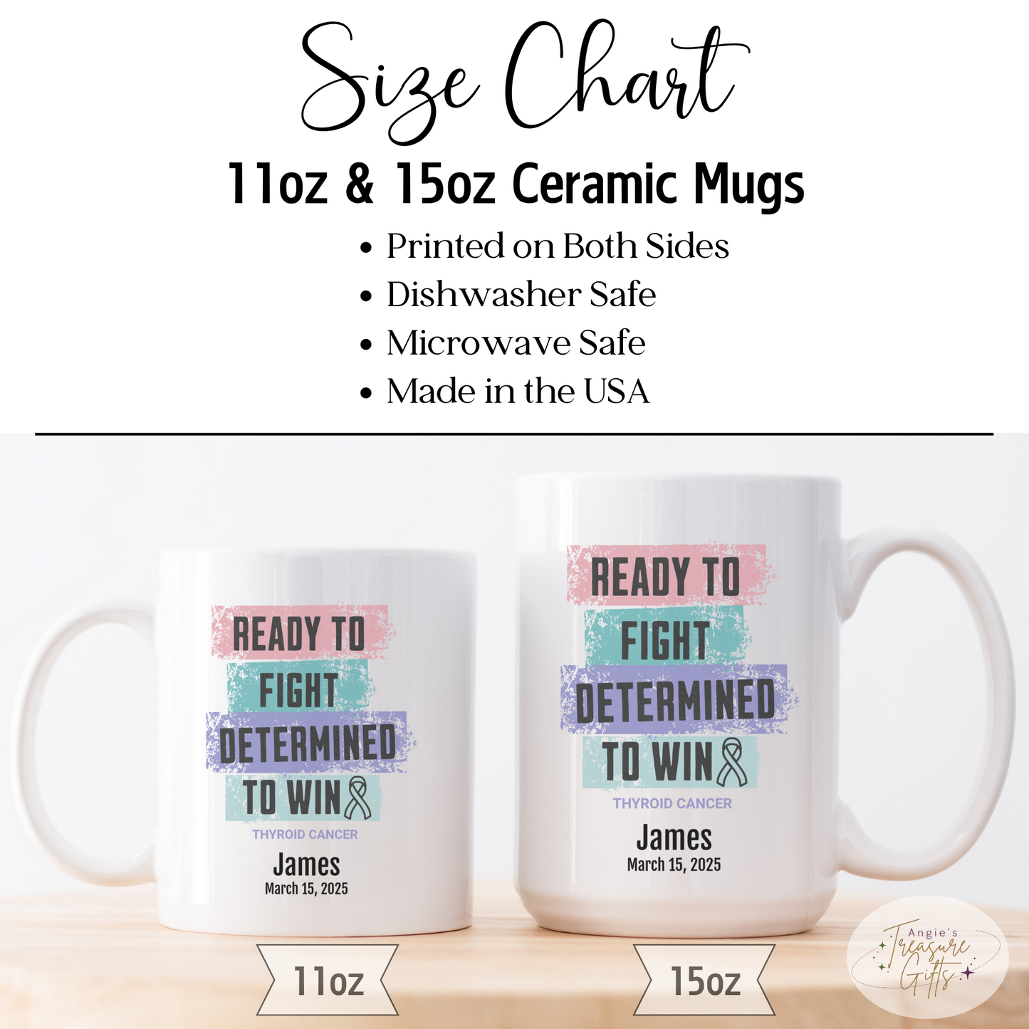 Personalized Thyroid Cancer Awareness Mug – “Ready to Fight, Determined to Win” – Teal Pink Blue Ribbon Survivor Gift