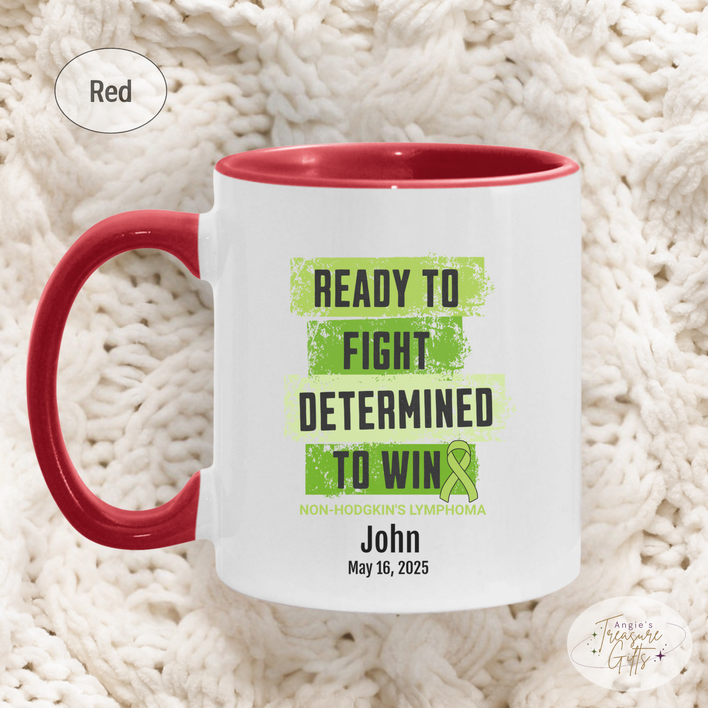 Personalized Non-Hodgkin’s Lymphoma Awareness Mug – “Ready to Fight, Determined to Win” – Green Ribbon Survivor Gift