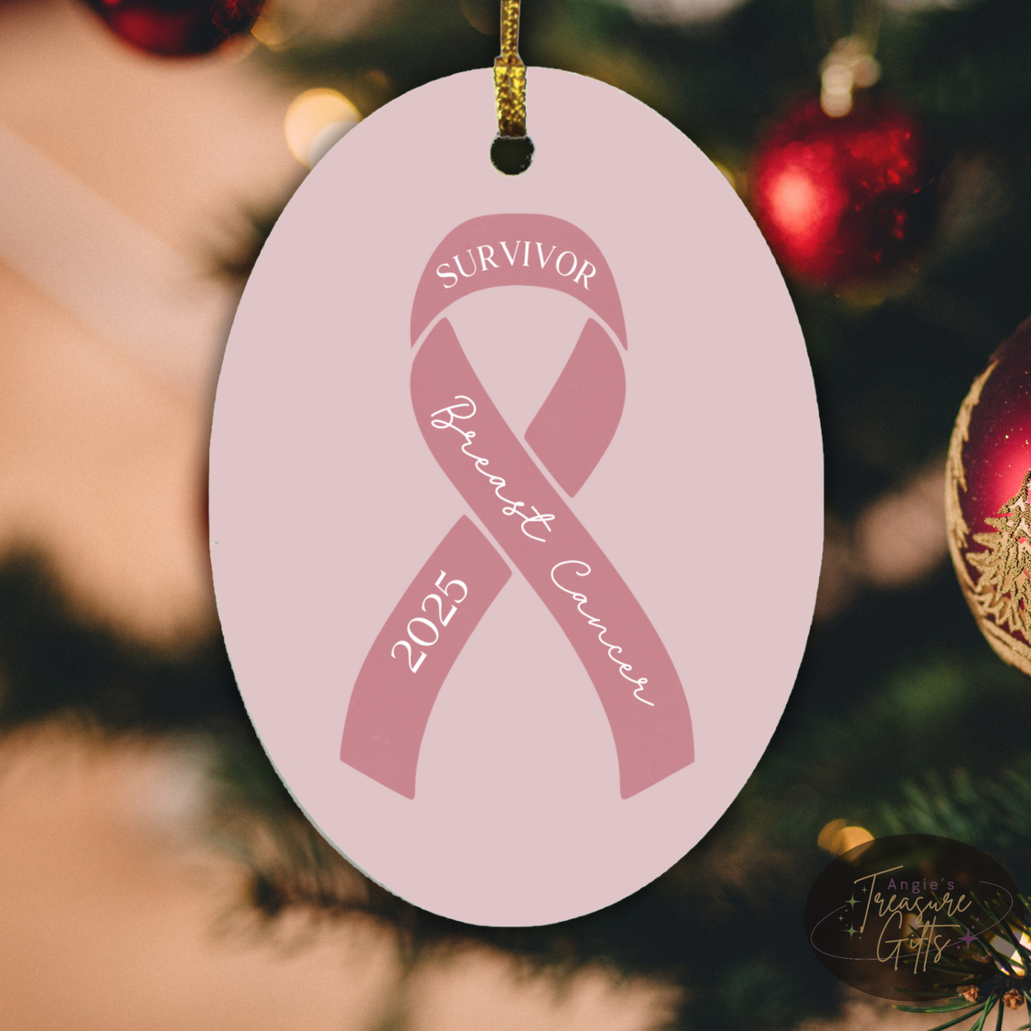 Personalized Breast Cancer Ornament – Pink Awareness Ribbon – Survivor, Warrior, or Fighter – Custom Year Keepsake Gift