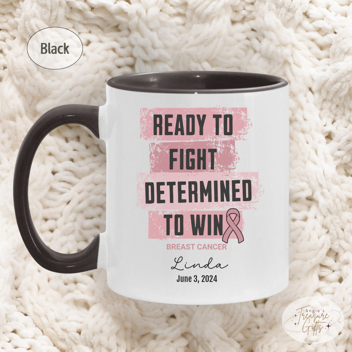 Personalized Breast Cancer Awareness Mug – “Ready to Fight, Determined to Win” – Pink Ribbon Survivor Gift