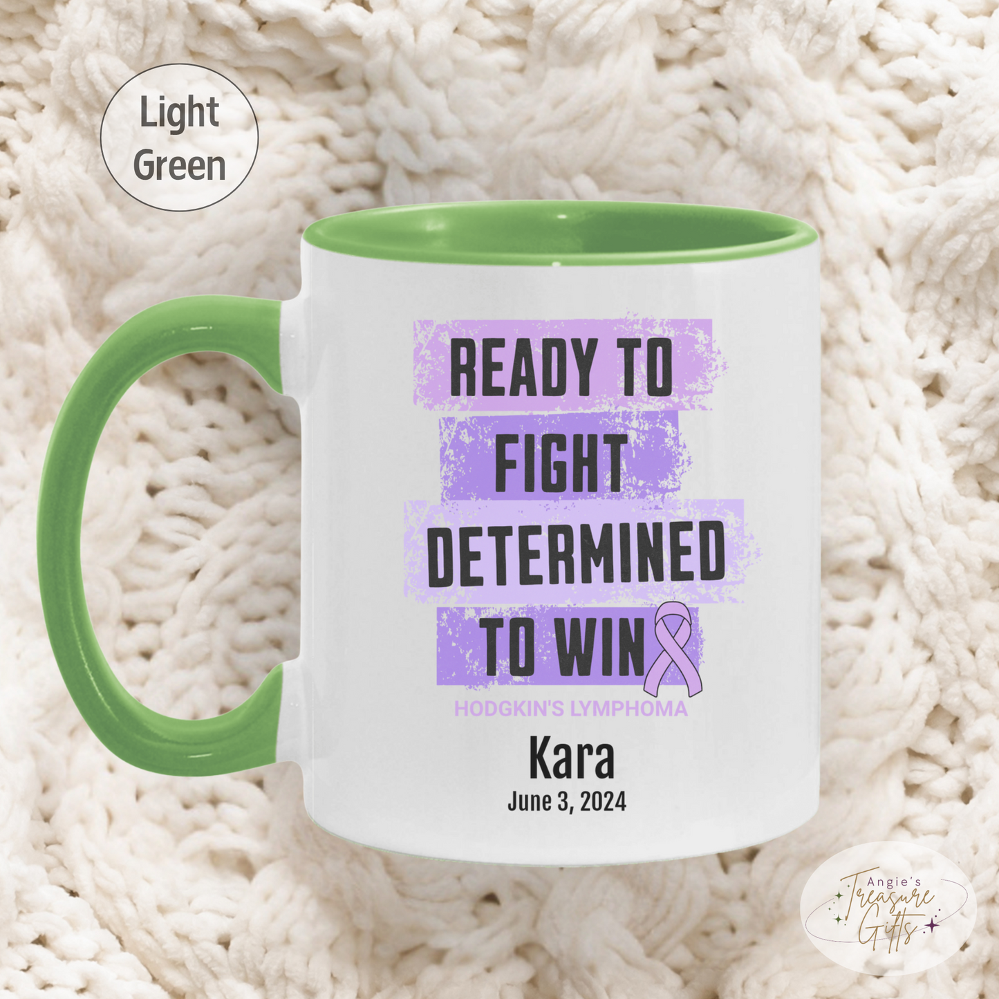 Personalized Hodgkin’s Lymphoma Awareness Mug – “Ready to Fight, Determined to Win” – Violet Ribbon Survivor Gift