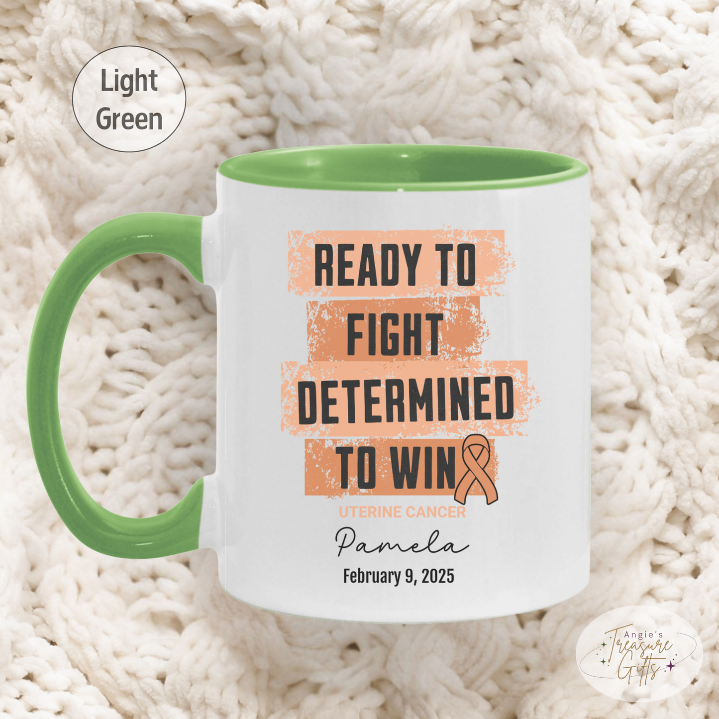 Personalized Uterine Cancer Awareness Mug – “Ready to Fight, Determined to Win” – Peach Ribbon Survivor Gift