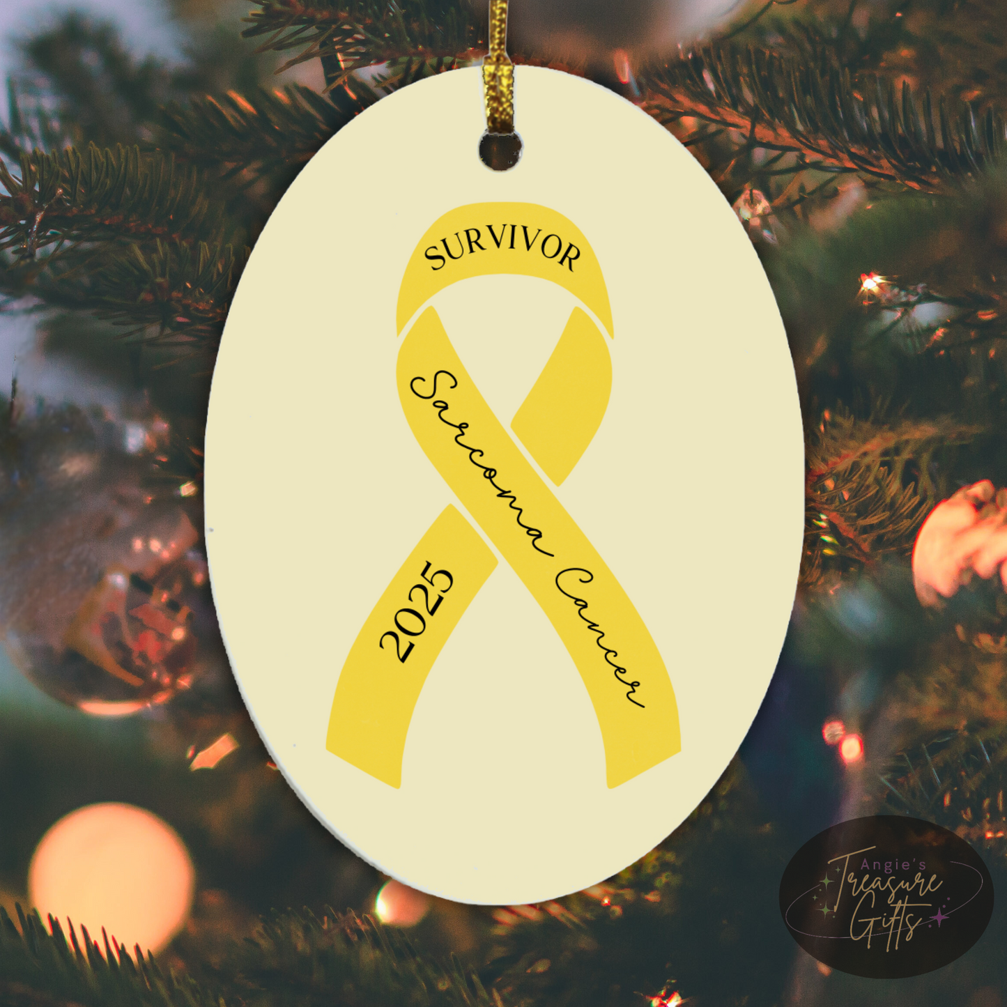 Personalized Sarcoma Cancer Ornament – Yellow Awareness Ribbon – Survivor, Warrior, or Fighter – Custom Year Keepsake Gift