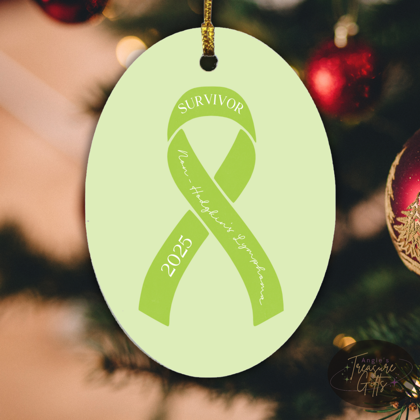 Personalized Non-Hodgkin's Lymphoma Ornament – Lime Green Awareness Ribbon – Survivor, Warrior, or Fighter – Custom Year Keepsake Gift