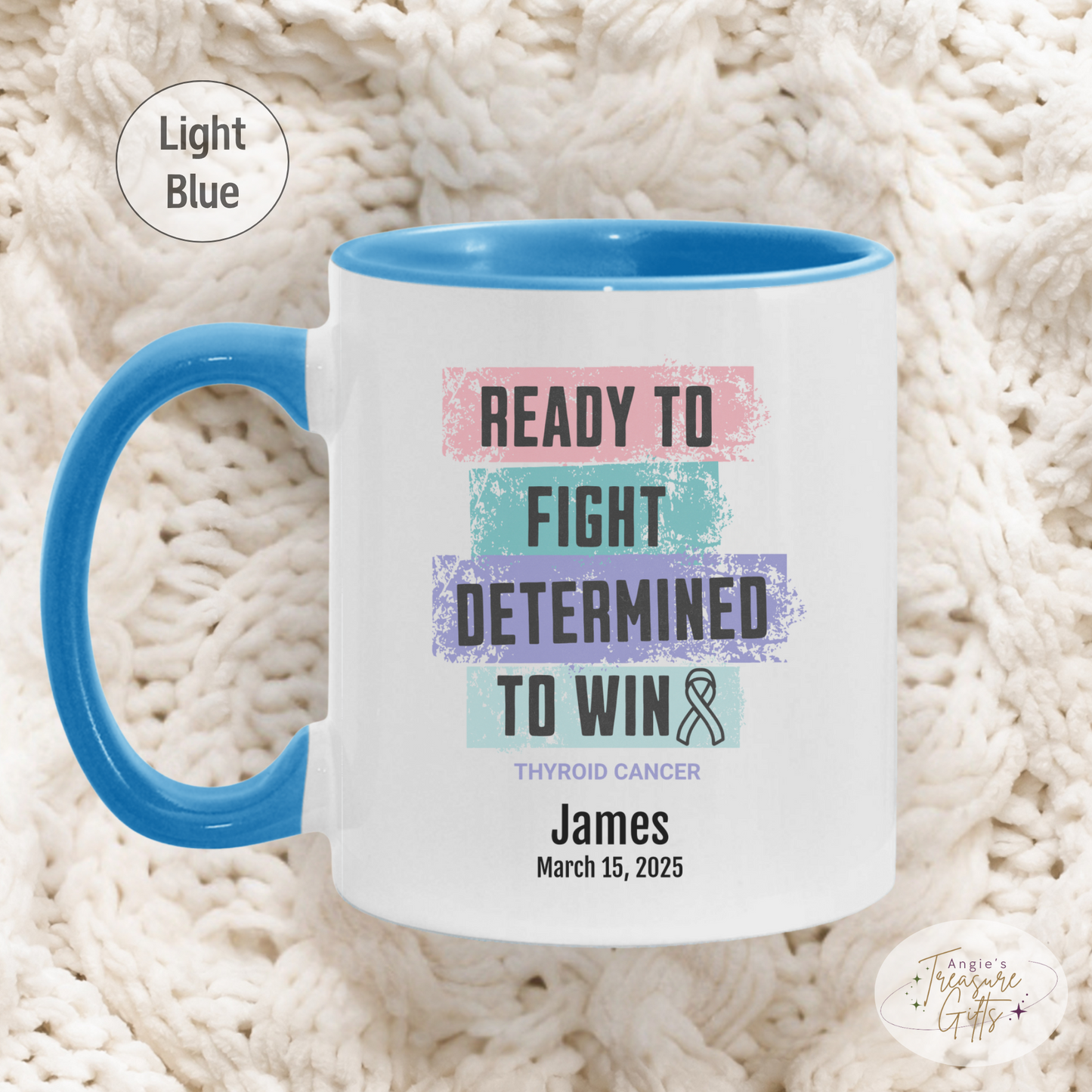 Personalized Thyroid Cancer Awareness Mug – “Ready to Fight, Determined to Win” – Teal Pink Blue Ribbon Survivor Gift