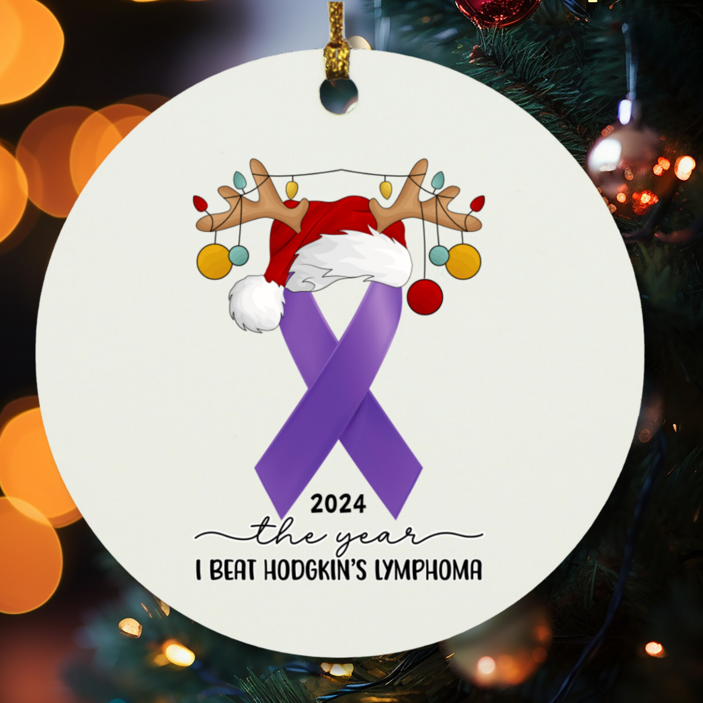 Personalized Hodgkin’s Lymphoma Survivor Christmas Ornament – Purple Awareness Ribbon